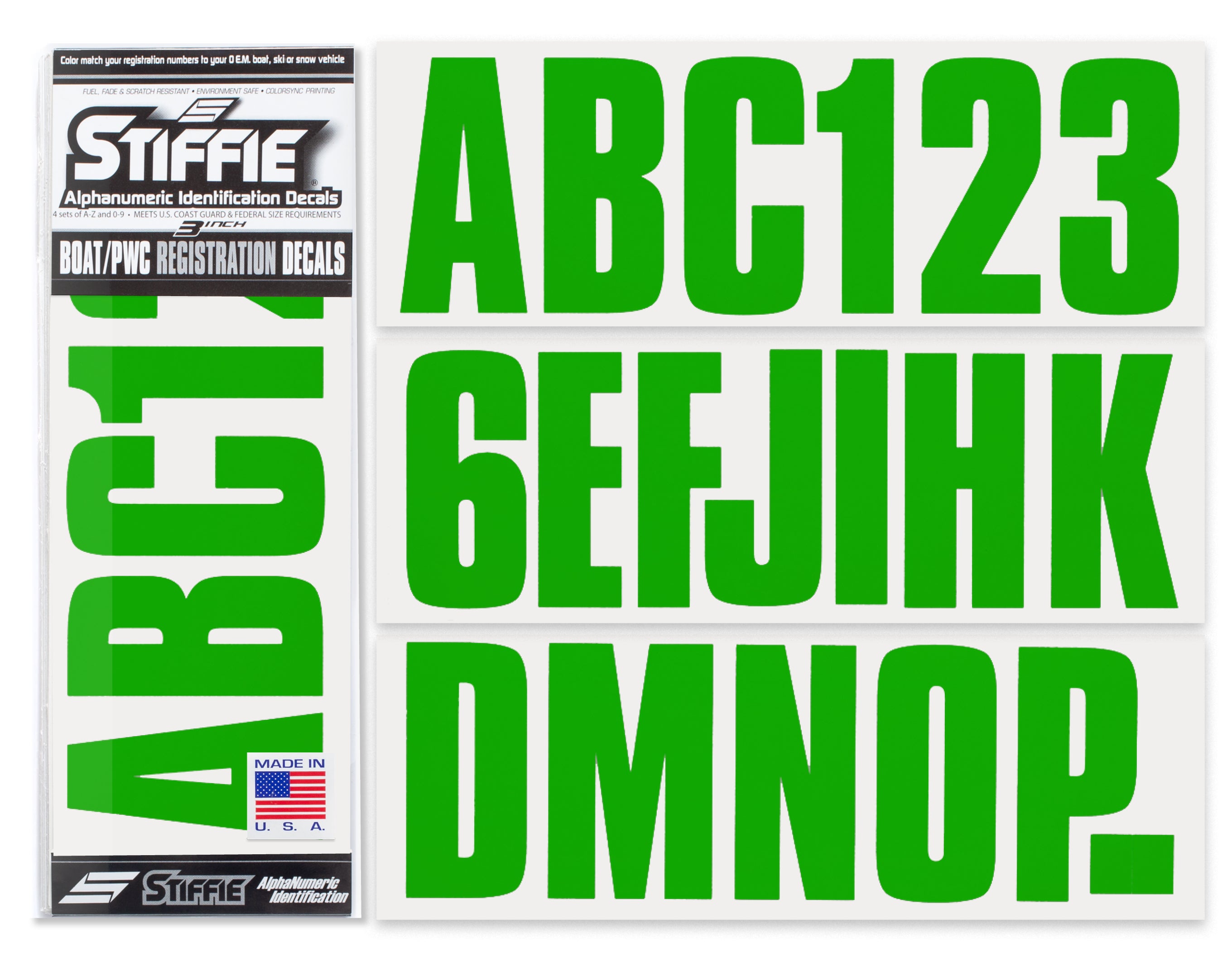 STIFFIE Uniline Green 3" ID Kit Alpha-Numeric Registration Identification Numbers Stickers Decals for Boats & Personal Watercraft