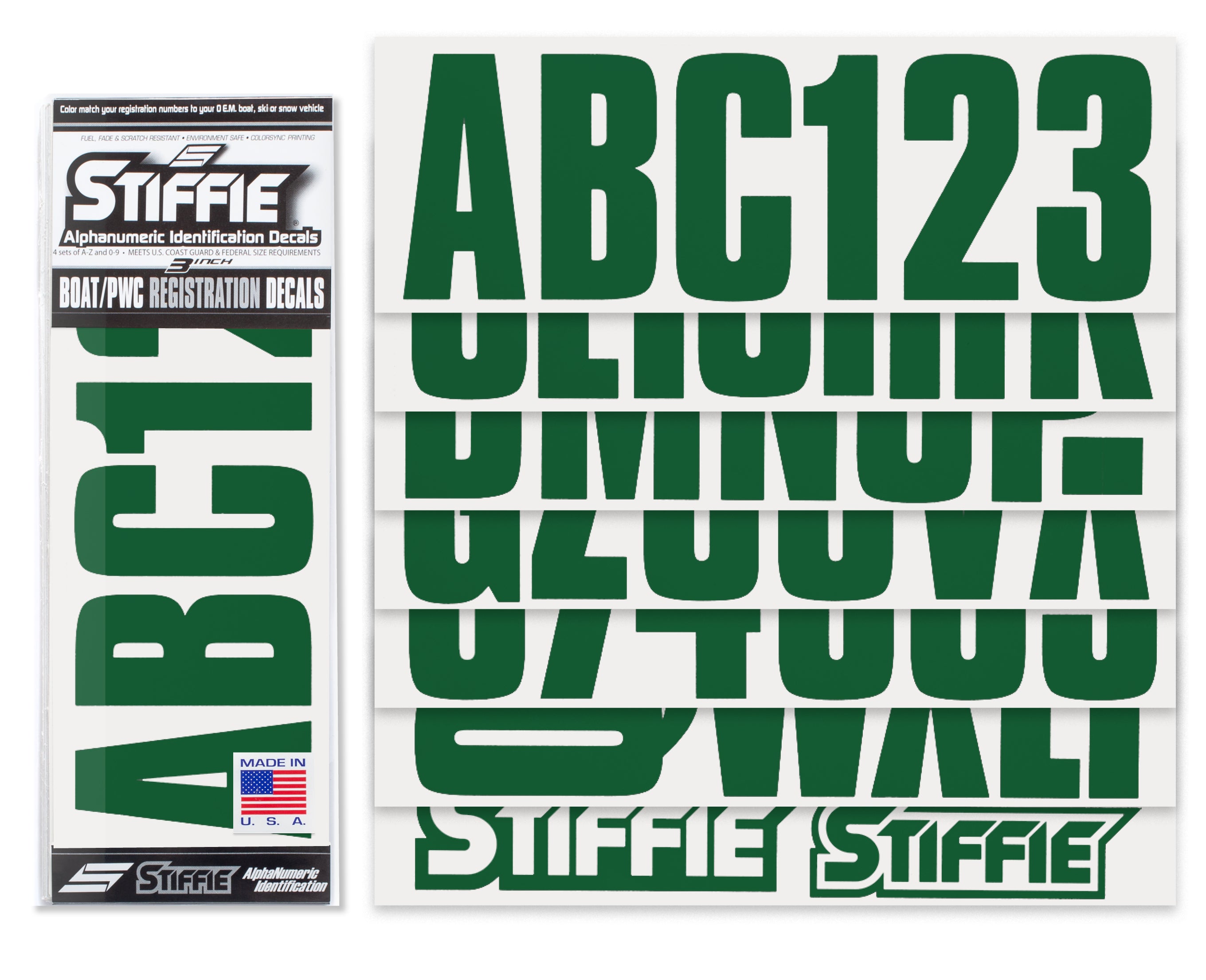 STIFFIE Uniline Racing Green 3" ID Kit Alpha-Numeric Registration Identification Numbers Stickers Decals for Boats & Personal Watercraft