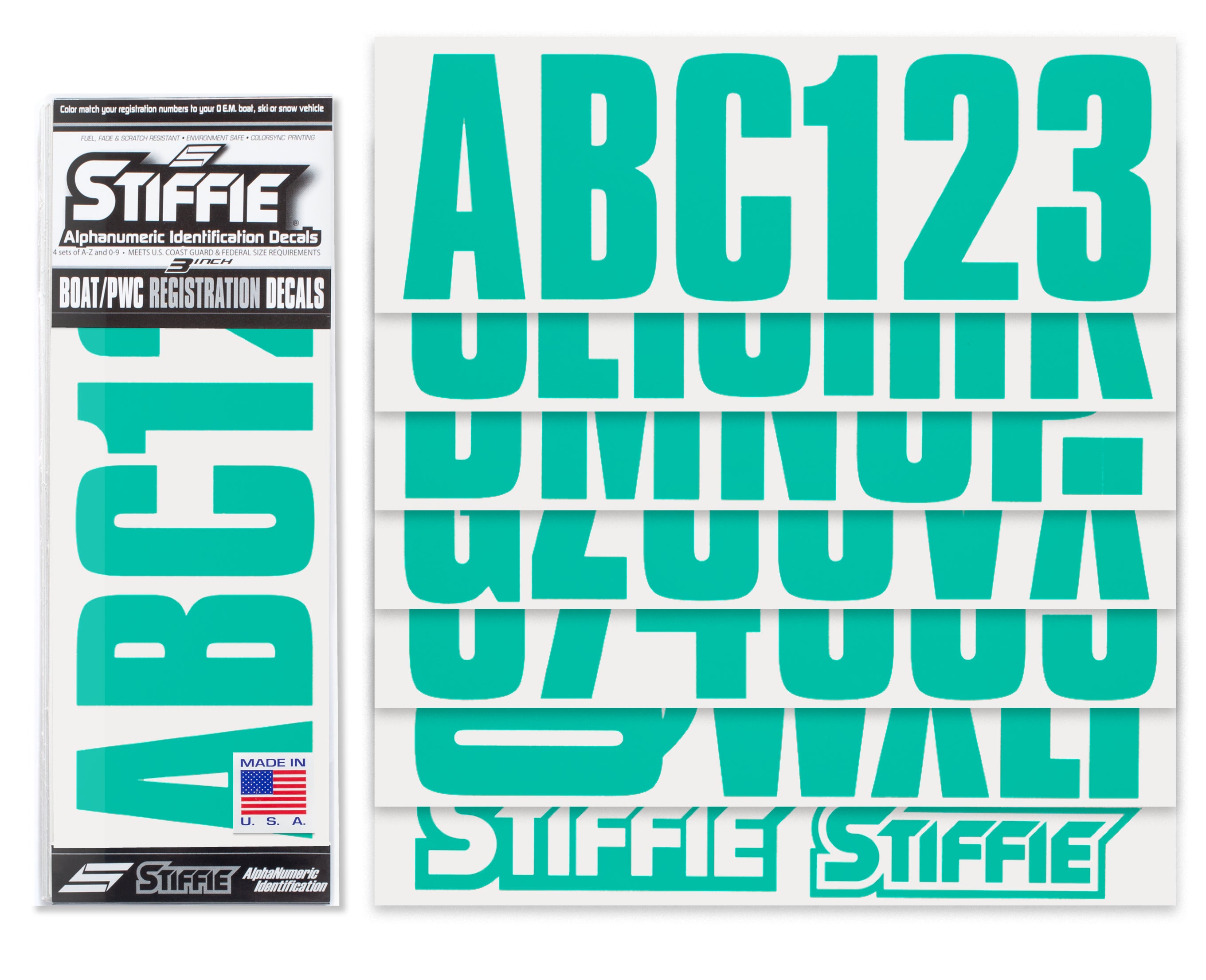 STIFFIE Uniline Sea Teal 3" ID Kit Alpha-Numeric Registration Identification Numbers Stickers Decals for Boats & Personal Watercraft