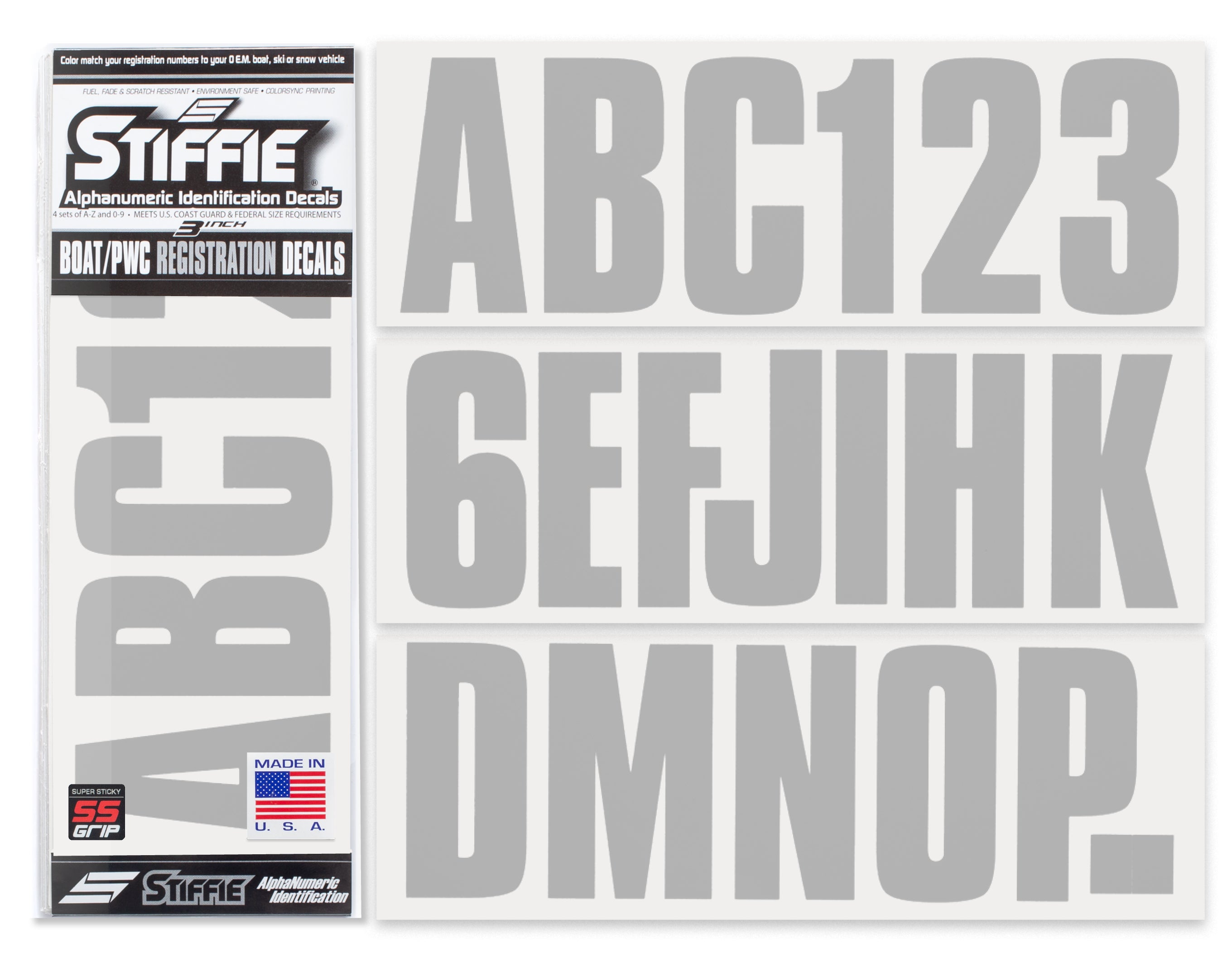 STIFFIE Uniline Silver Super Sticky 3" Alpha Numeric Registration Identification Numbers Stickers Decals for Sea-Doo Spark, Inflatable Boats, Ribs, Hypalon/PVC, PWC and Boats