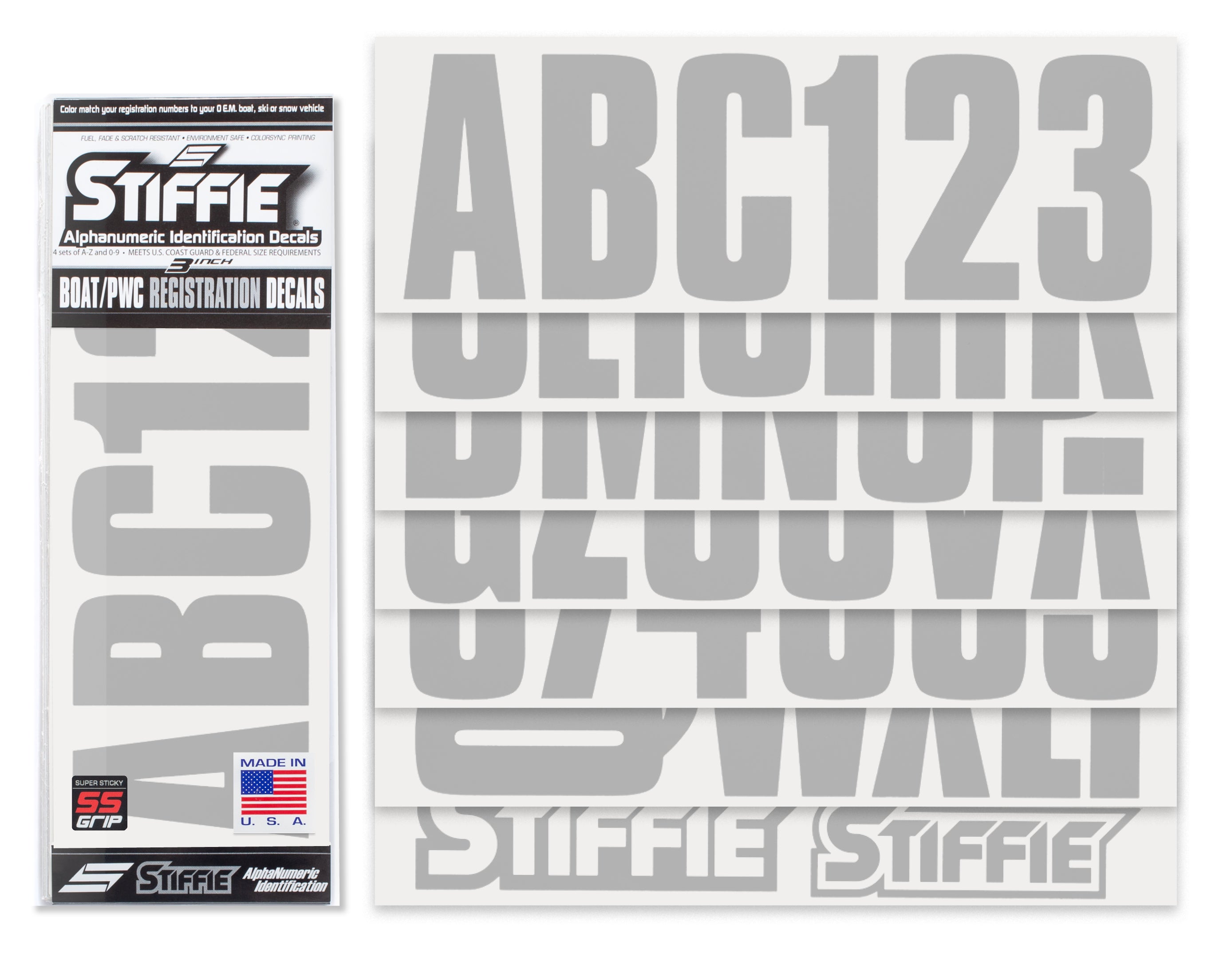 STIFFIE Uniline Silver Super Sticky 3" Alpha Numeric Registration Identification Numbers Stickers Decals for Sea-Doo Spark, Inflatable Boats, Ribs, Hypalon/PVC, PWC and Boats