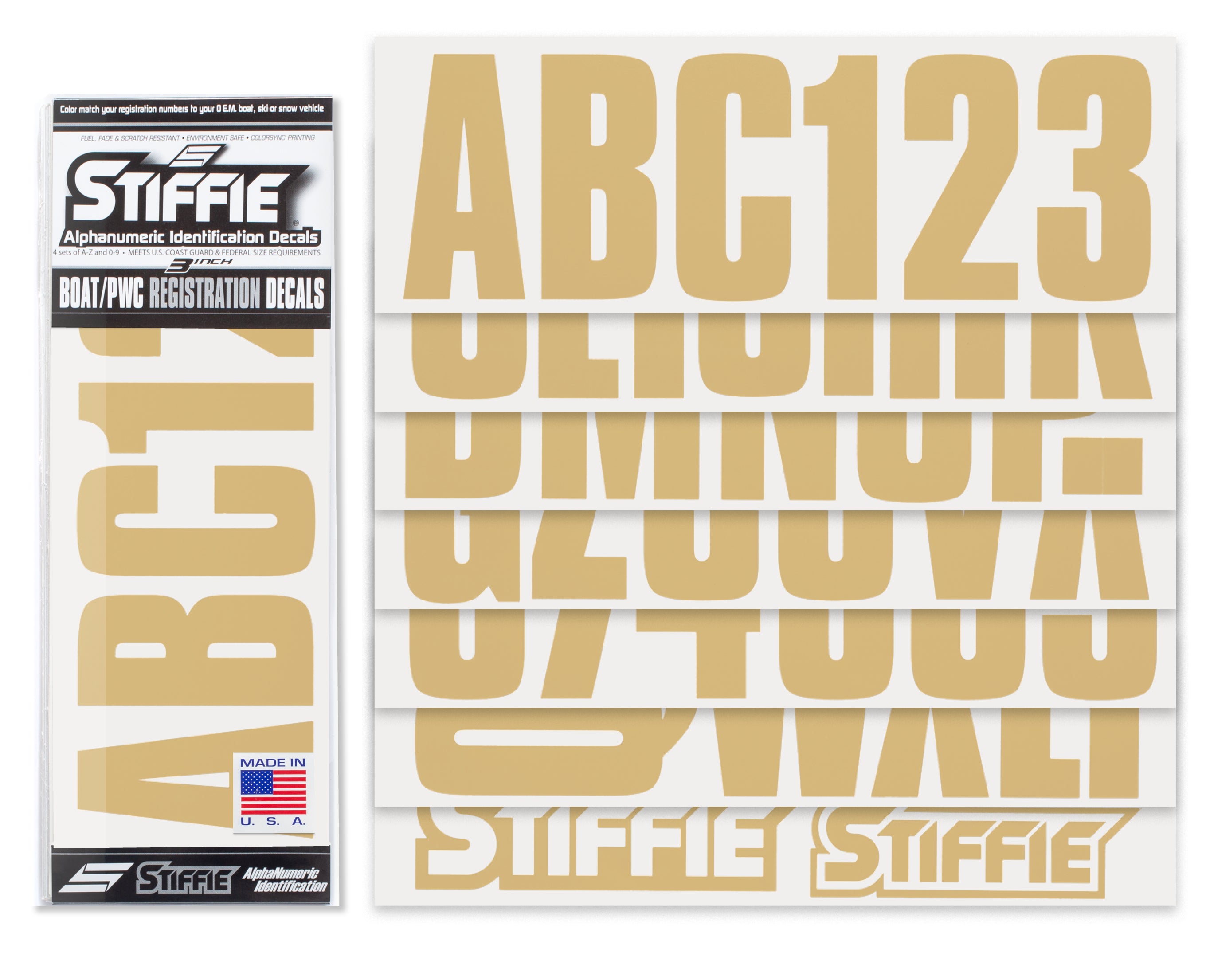 STIFFIE Uniline Tan 3" ID Kit Alpha-Numeric Registration Identification Numbers Stickers Decals for Boats & Personal Watercraft