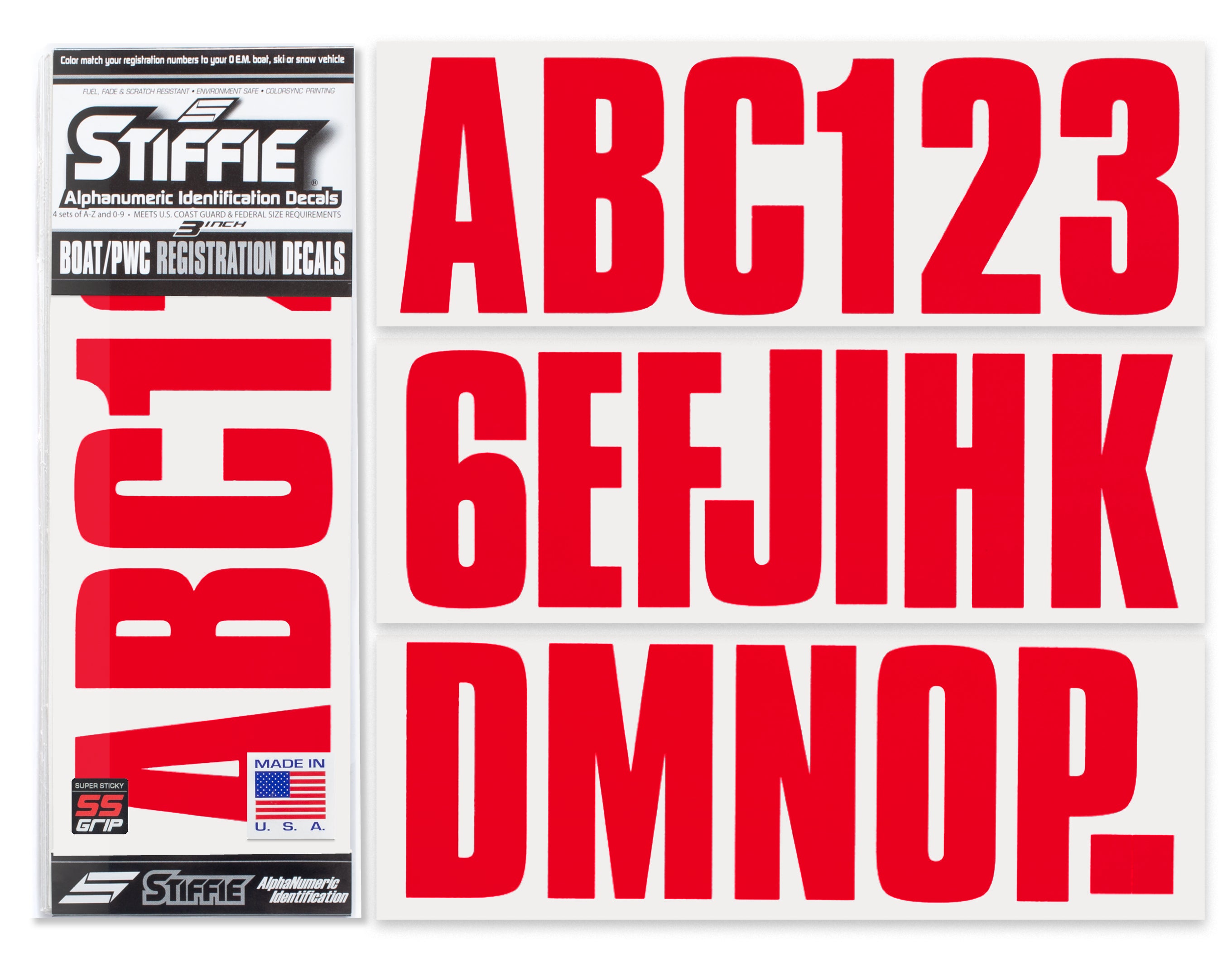 STIFFIE Uniline Lava Red Super Sticky 3" Alpha Numeric Registration Identification Numbers Stickers Decals for Sea-Doo Spark, Inflatable Boats, Ribs, Hypalon/PVC, PWC and Boats