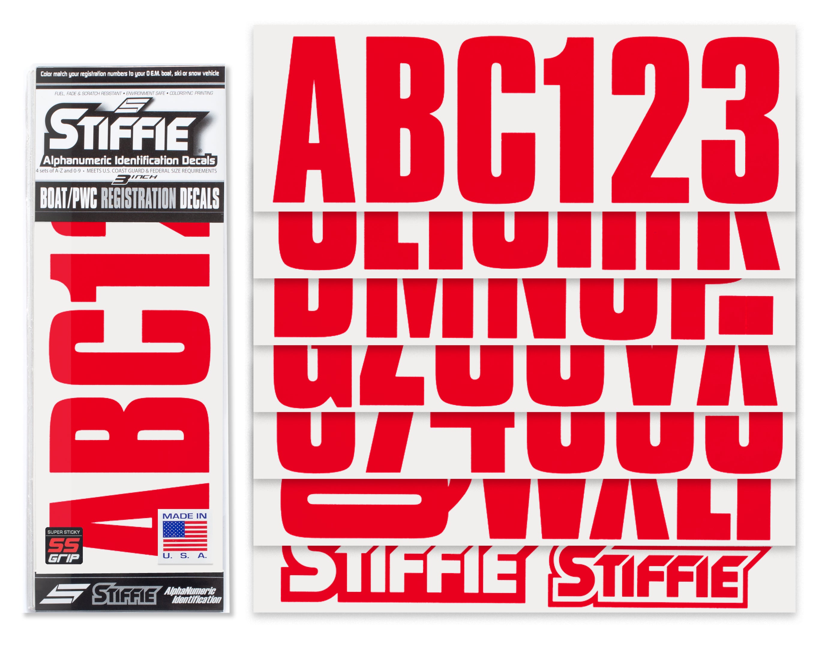 STIFFIE Uniline Lava Red Super Sticky 3" Alpha Numeric Registration Identification Numbers Stickers Decals for Sea-Doo Spark, Inflatable Boats, Ribs, Hypalon/PVC, PWC and Boats