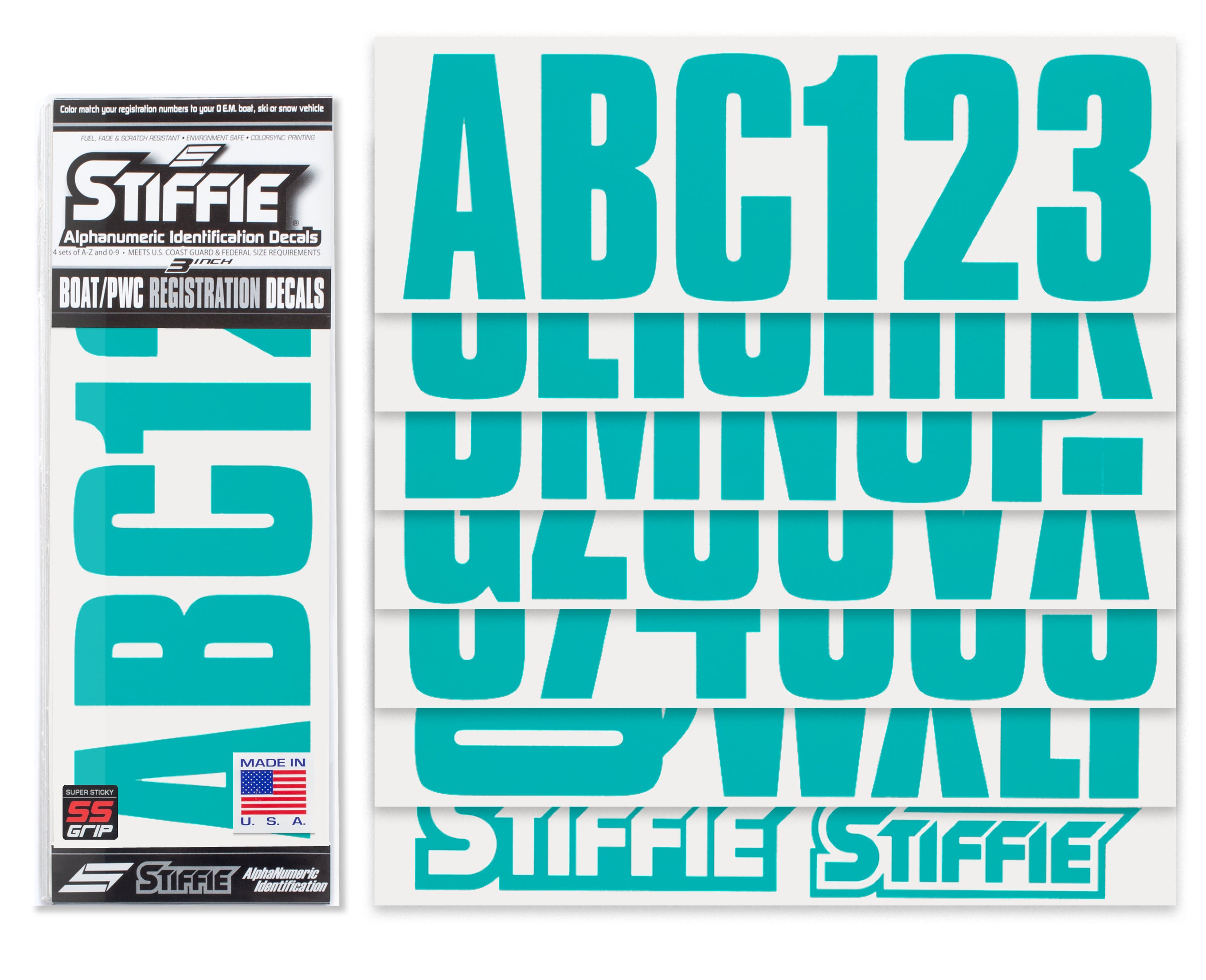 STIFFIE Uniline Candy Blue Super Sticky 3" Alpha Numeric Registration Identification Numbers Stickers Decals for Sea-Doo Spark, Inflatable Boats, Ribs, Hypalon/PVC, PWC and Boats