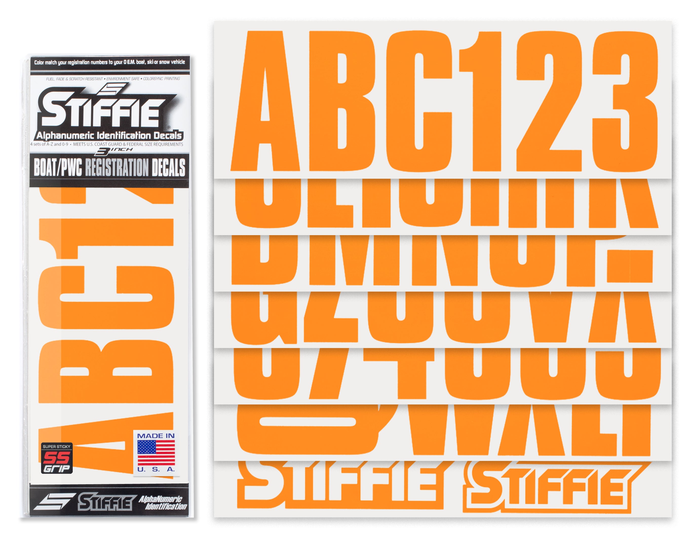 STIFFIE Uniline Orange Crush Super Sticky 3" Alpha Numeric Registration Identification Numbers Stickers Decals for Sea-Doo Spark, Inflatable Boats, Ribs, Hypalon/PVC, PWC and Boats