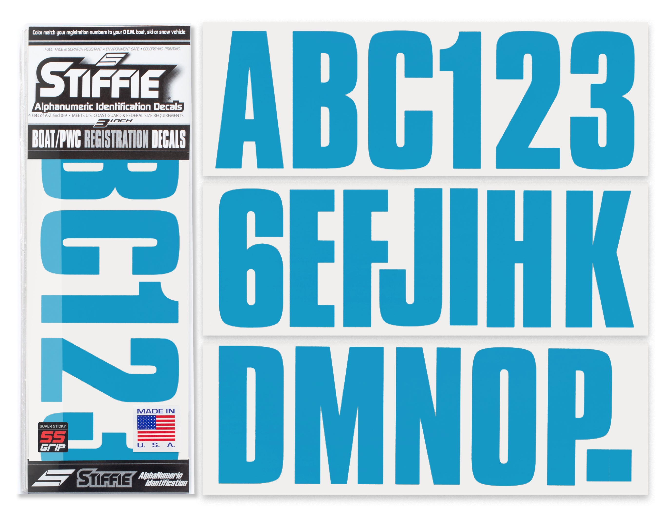 STIFFIE Uniline Blueberry Super Sticky 3" Alpha Numeric Registration Identification Numbers Stickers Decals for Sea-Doo Spark, Inflatable Boats, Ribs, Hypalon/PVC, PWC and Boats