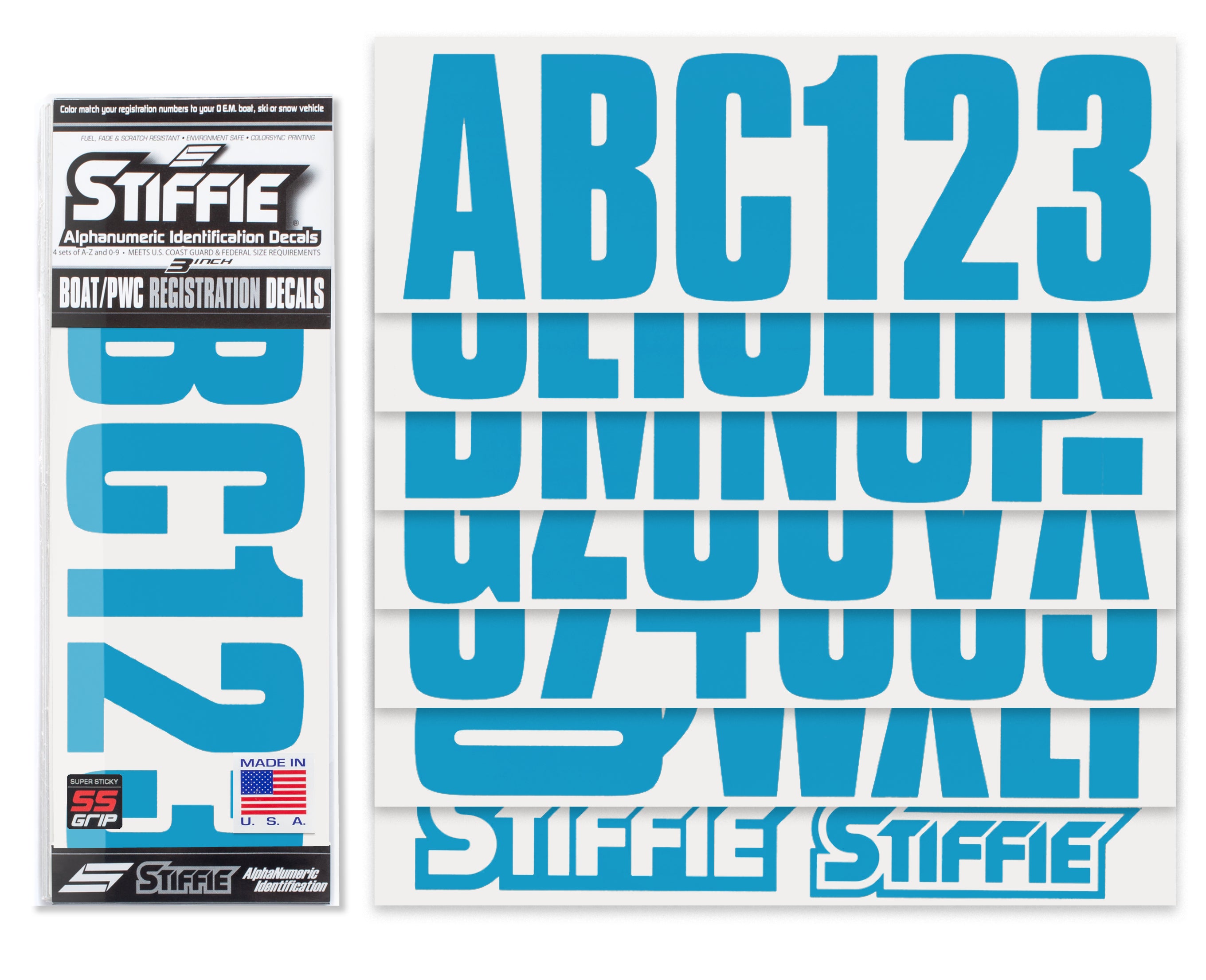 STIFFIE Uniline Blueberry Super Sticky 3" Alpha Numeric Registration Identification Numbers Stickers Decals for Sea-Doo Spark, Inflatable Boats, Ribs, Hypalon/PVC, PWC and Boats