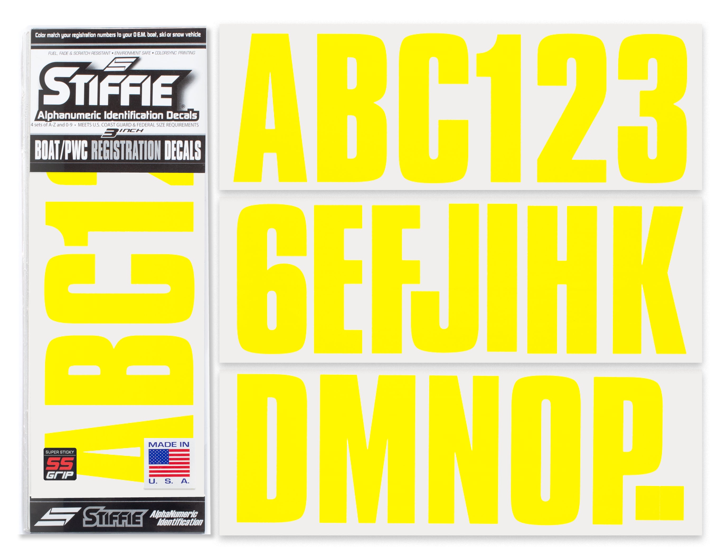 STIFFIE Uniline Yellow Crush Super Sticky 3" Alpha Numeric Registration Identification Numbers Stickers Decals for Sea-Doo Spark, Inflatable Boats, Ribs, Hypalon/PVC, PWC and Boats