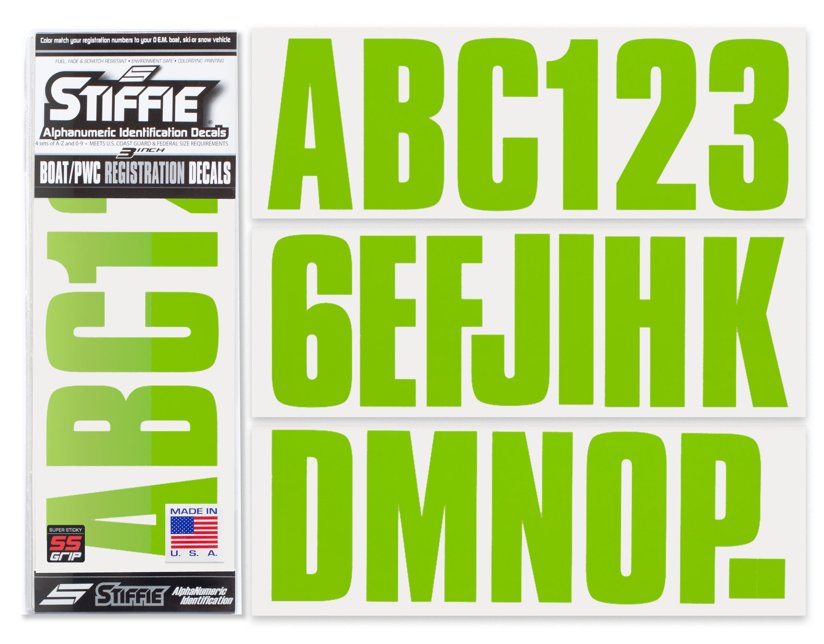 STIFFIE Uniline Team Green Super Sticky 3" Alpha Numeric Registration Identification Numbers Stickers Decals for Sea-Doo Spark, Inflatable Boats, Ribs, Hypalon/PVC, PWC and Boats