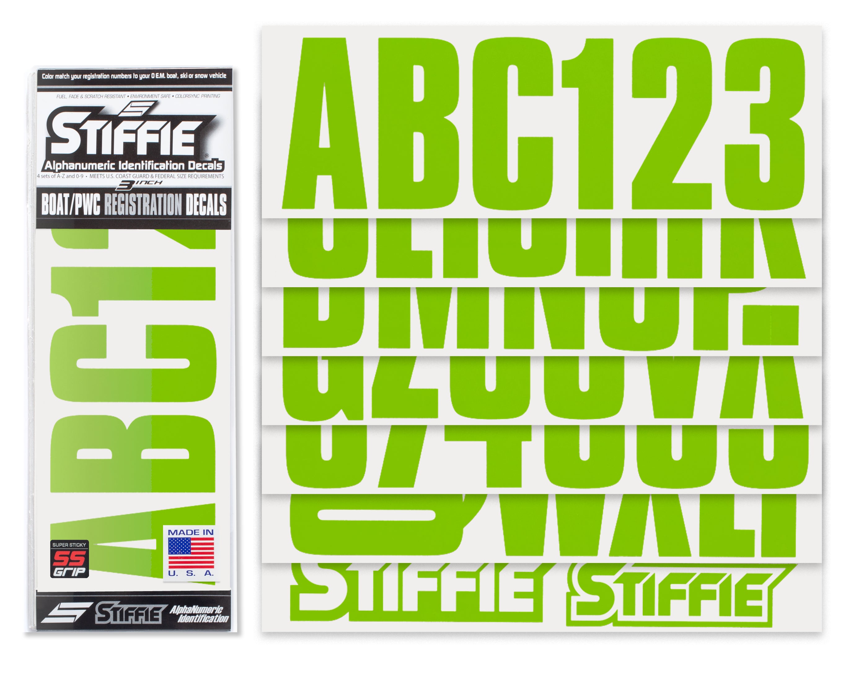 STIFFIE Uniline Team Green Super Sticky 3" Alpha Numeric Registration Identification Numbers Stickers Decals for Sea-Doo Spark, Inflatable Boats, Ribs, Hypalon/PVC, PWC and Boats