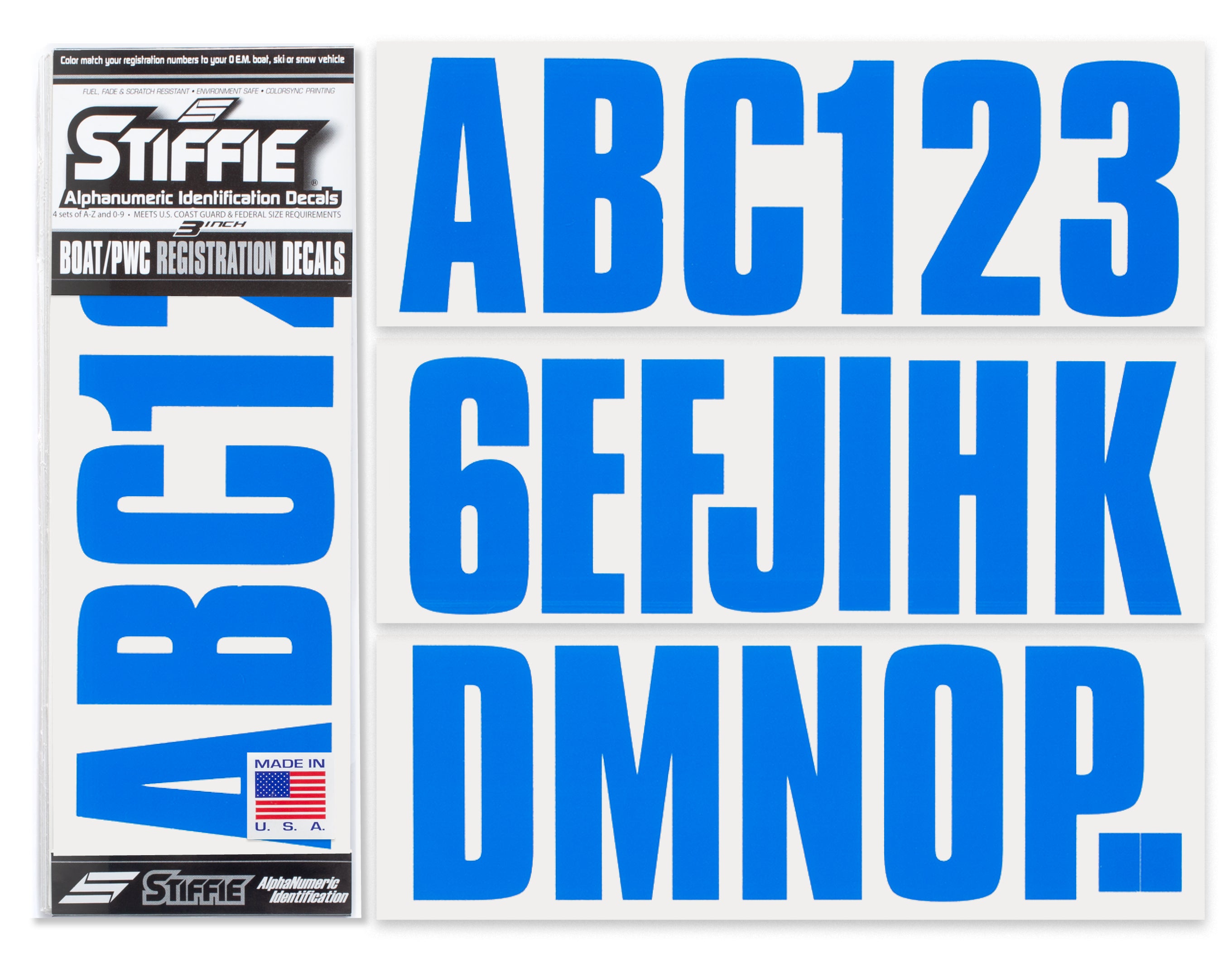 STIFFIE Uniline Octane Blue 3" ID Kit Alpha-Numeric Registration Identification Numbers Stickers Decals for Boats & Personal Watercraft
