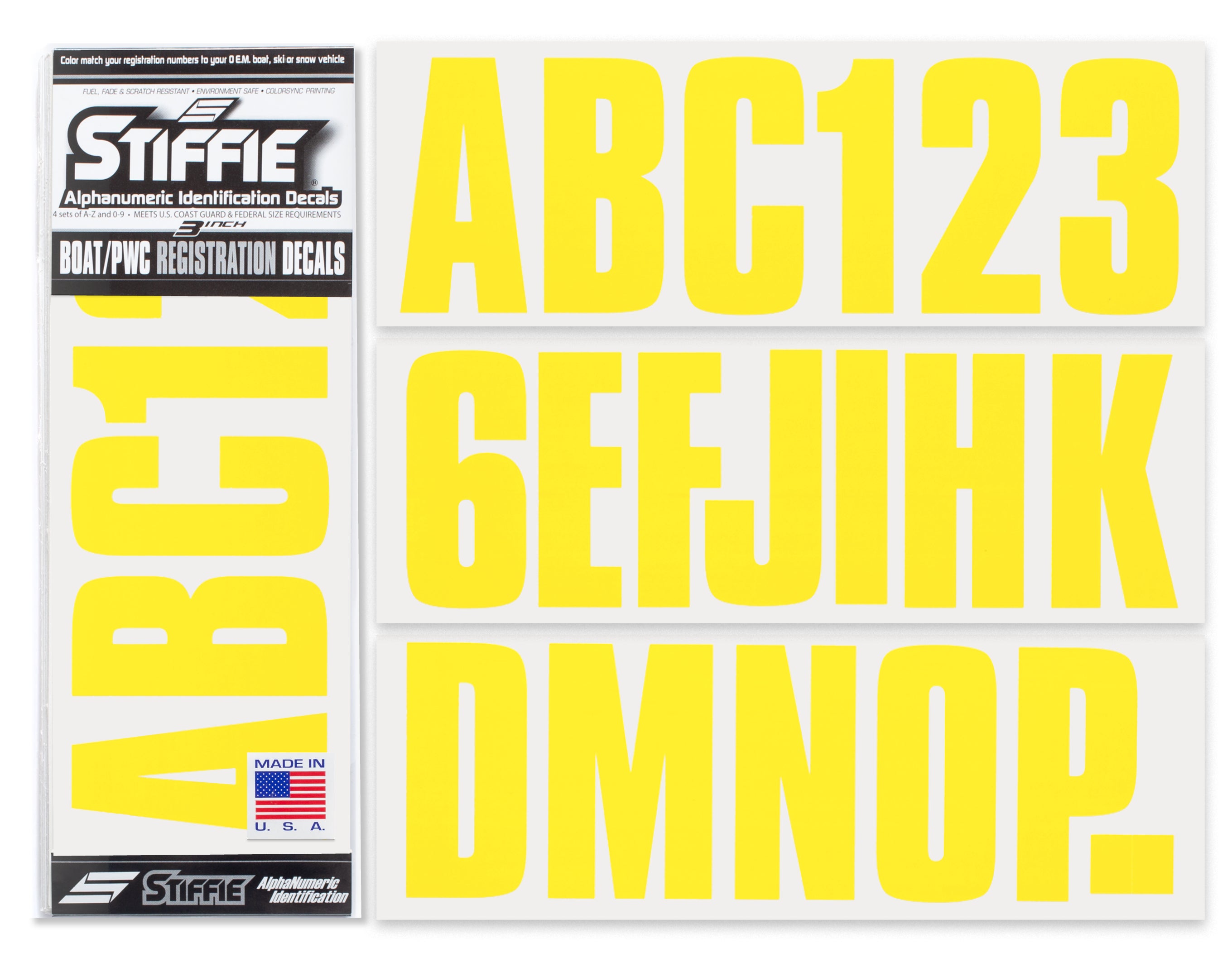 STIFFIE Uniline Electric Yellow 3" ID Kit Alpha-Numeric Registration Identification Numbers Stickers Decals for Boats & Personal Watercraft