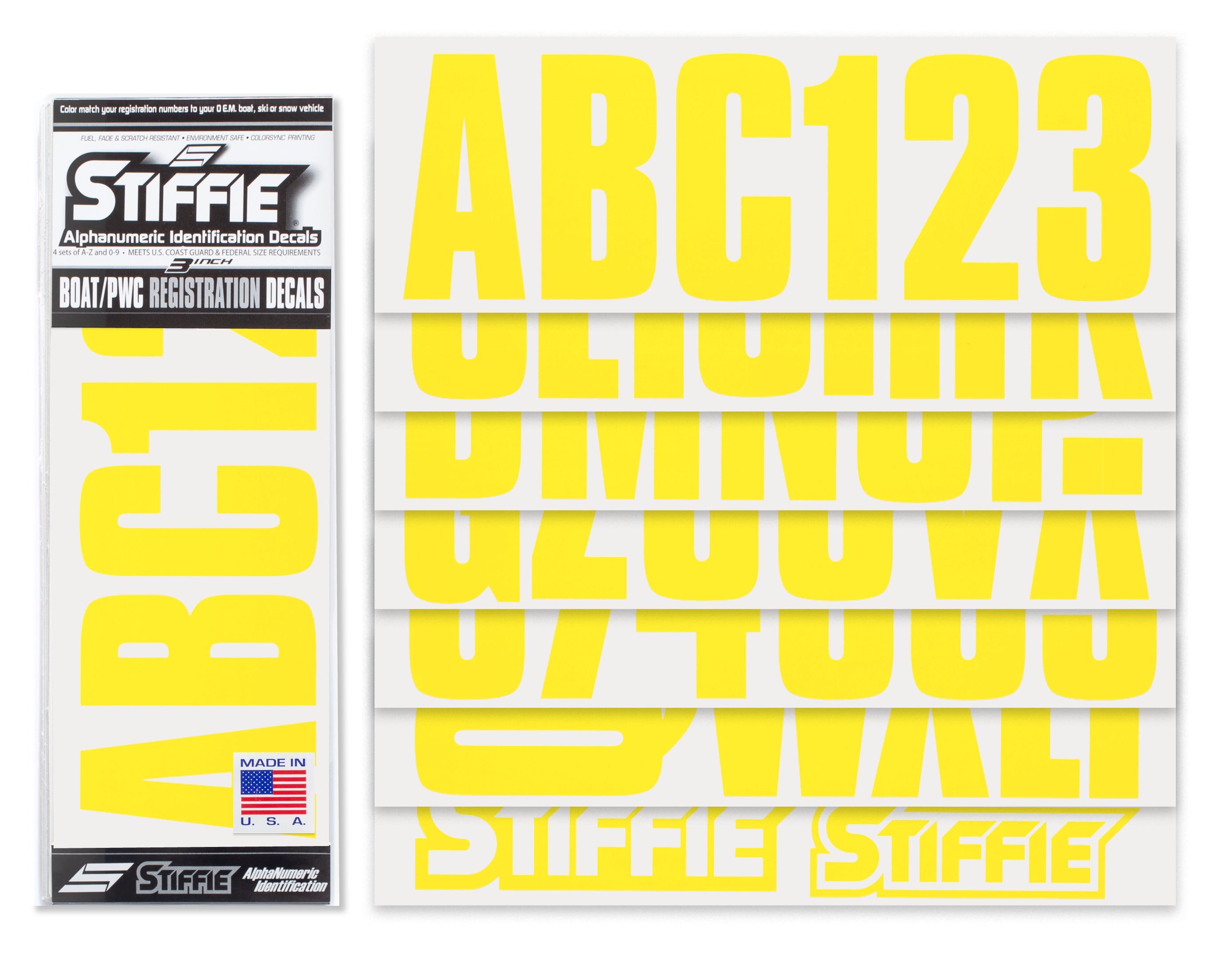 STIFFIE Uniline Electric Yellow 3" ID Kit Alpha-Numeric Registration Identification Numbers Stickers Decals for Boats & Personal Watercraft