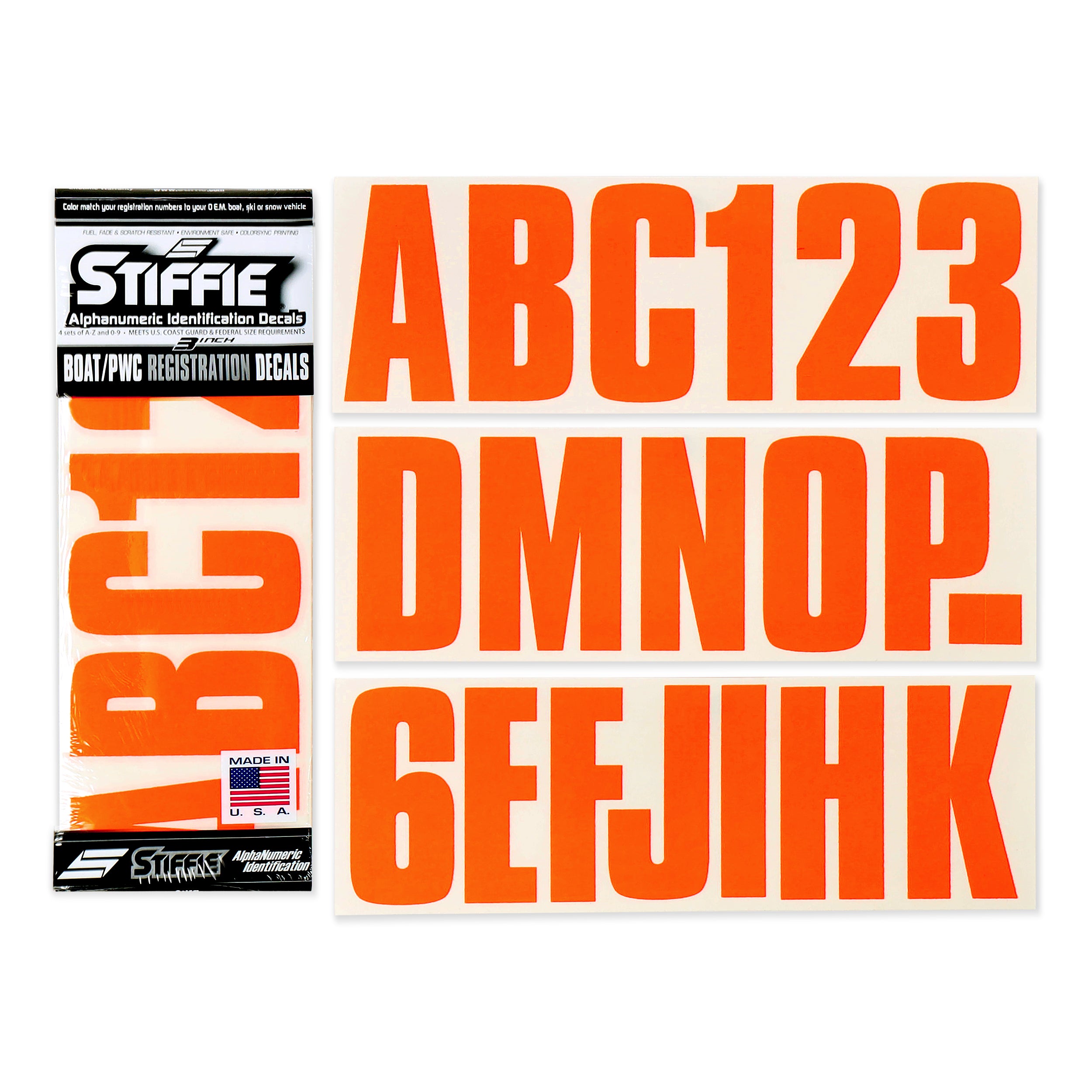 STIFFIE Uniline Electric Orange 3" ID Kit Alpha-Numeric Registration Identification Numbers Stickers Decals for Boats & Personal Watercraft