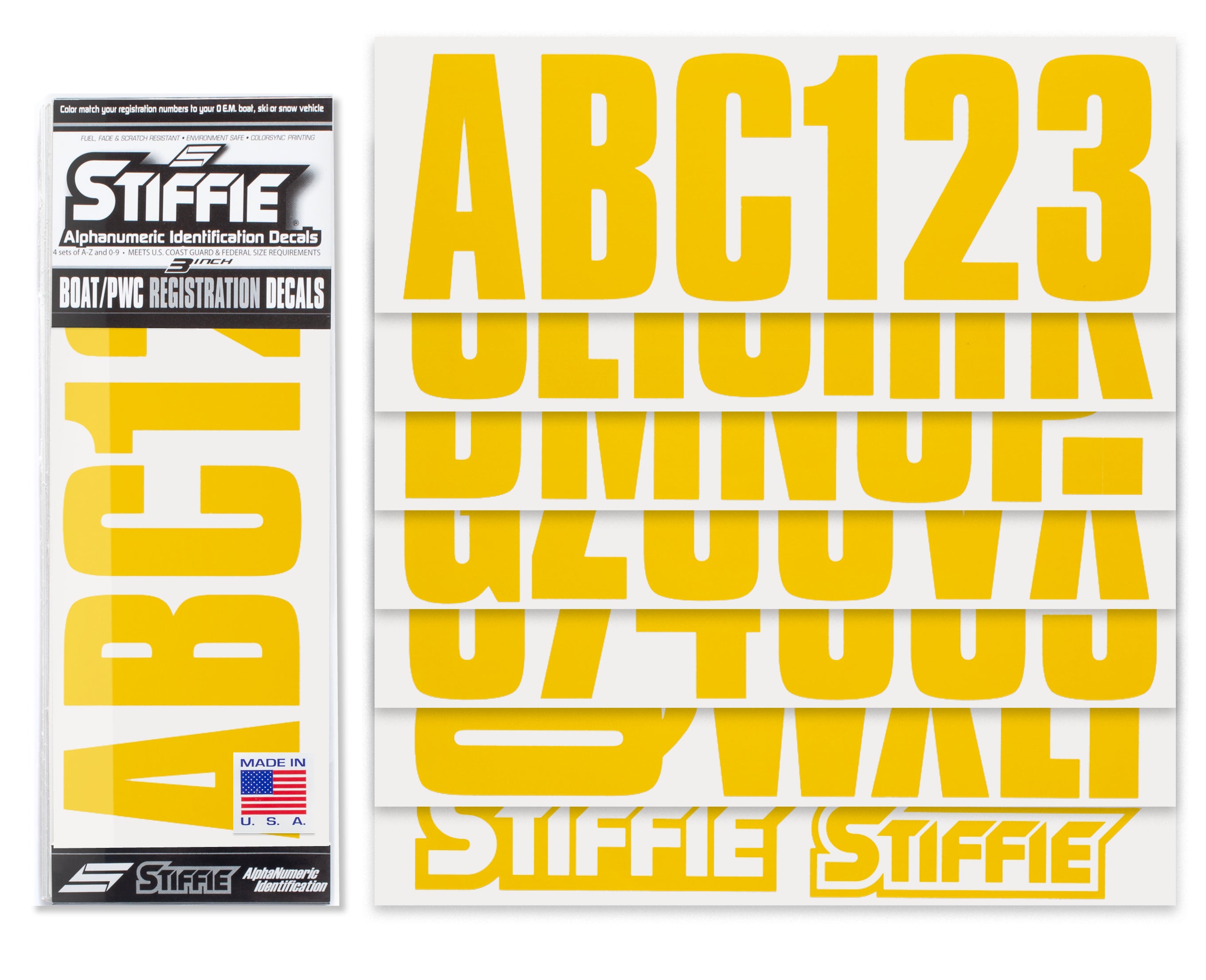 STIFFIE Uniline Sun Gold 3" ID Kit Alpha-Numeric Registration Identification Numbers Stickers Decals for Boats & Personal Watercraft