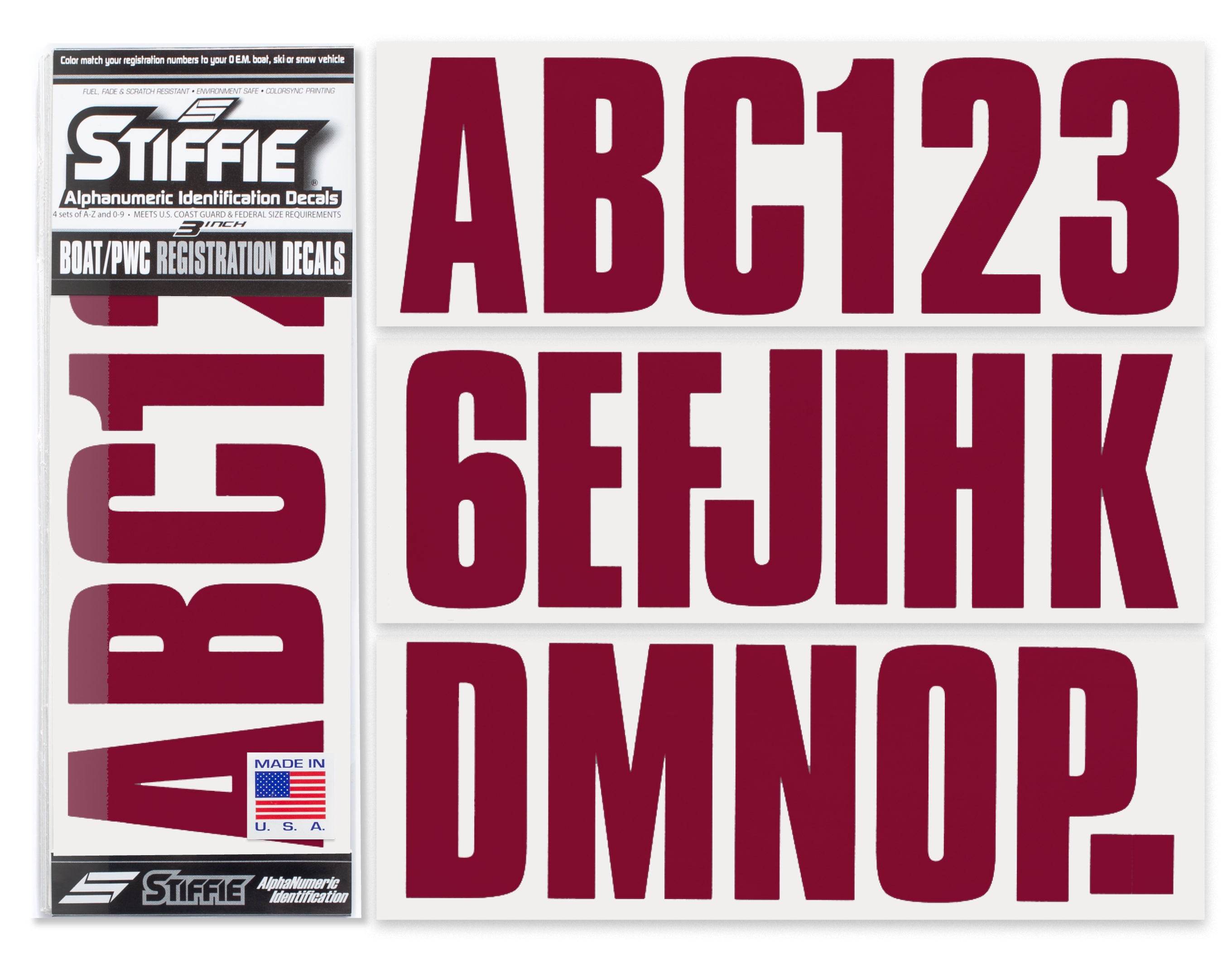 STIFFIE Uniline Deep Burgundy 3" ID Kit Alpha-Numeric Registration Identification Numbers Stickers Decals for Boats & Personal Watercraft