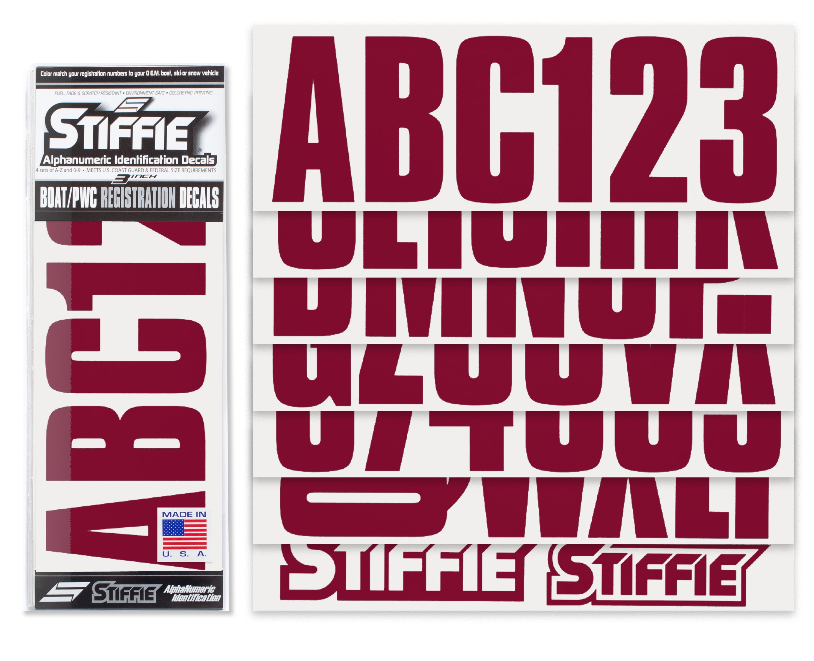 STIFFIE Uniline Deep Burgundy 3" ID Kit Alpha-Numeric Registration Identification Numbers Stickers Decals for Boats & Personal Watercraft