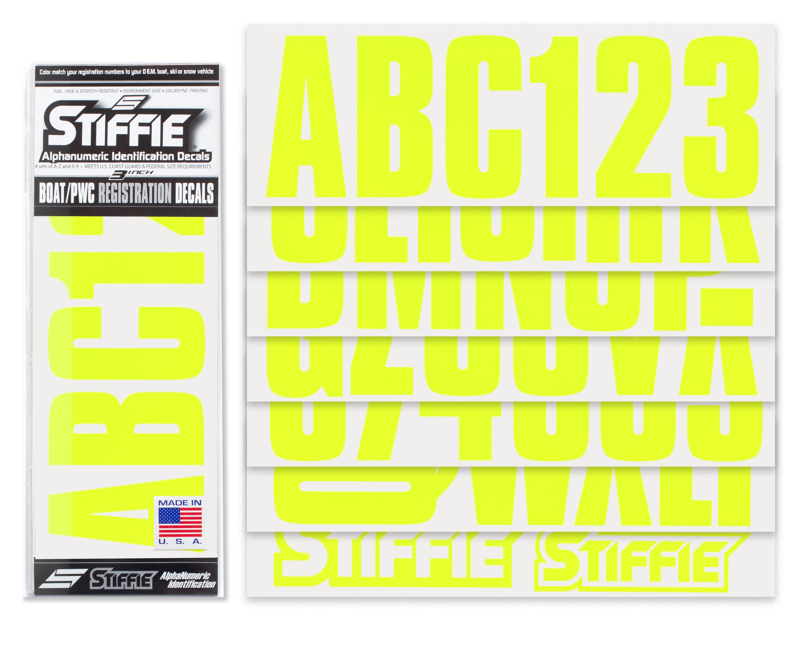 STIFFIE Uniline Day Glow Yellow 3" ID Kit Alpha-Numeric Registration Identification Numbers Stickers Decals for Boats & Personal Watercraft