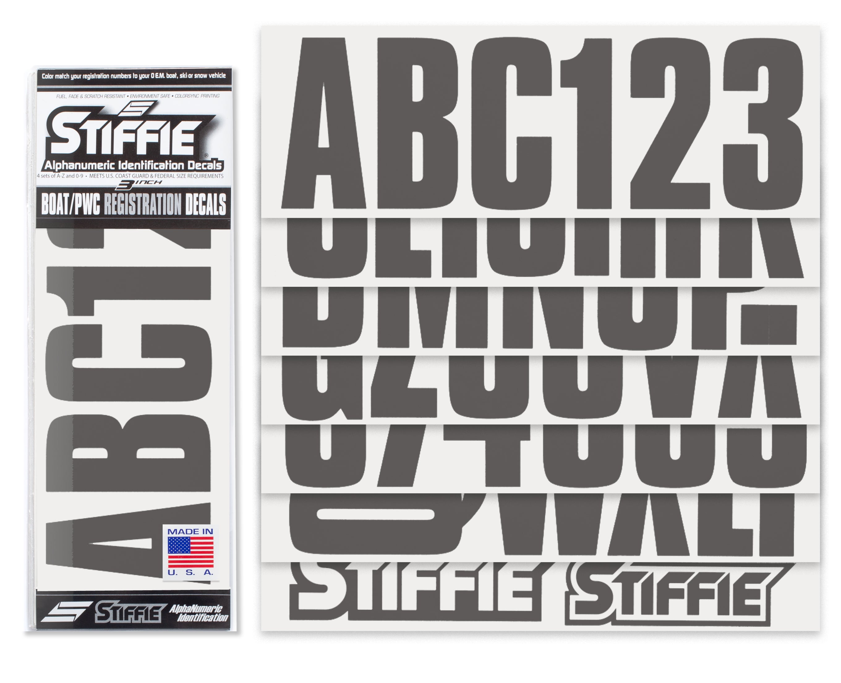 STIFFIE Uniline Gunmetal 3" ID Kit Alpha-Numeric Registration Identification Numbers Stickers Decals for Boats & Personal Watercraft
