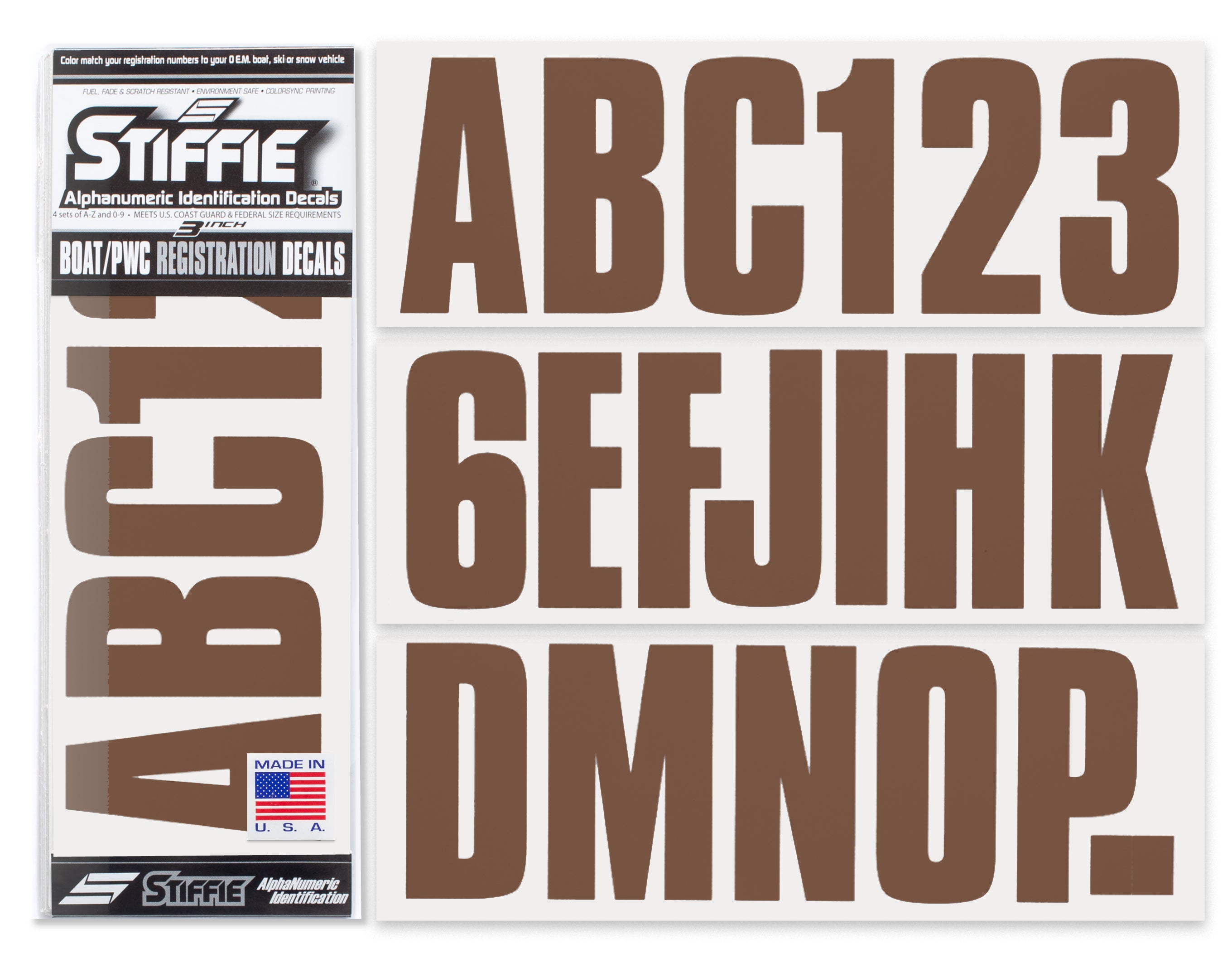 STIFFIE Uniline Brown 3" ID Kit Alpha-Numeric Registration Identification Numbers Stickers Decals for Boats & Personal Watercraft