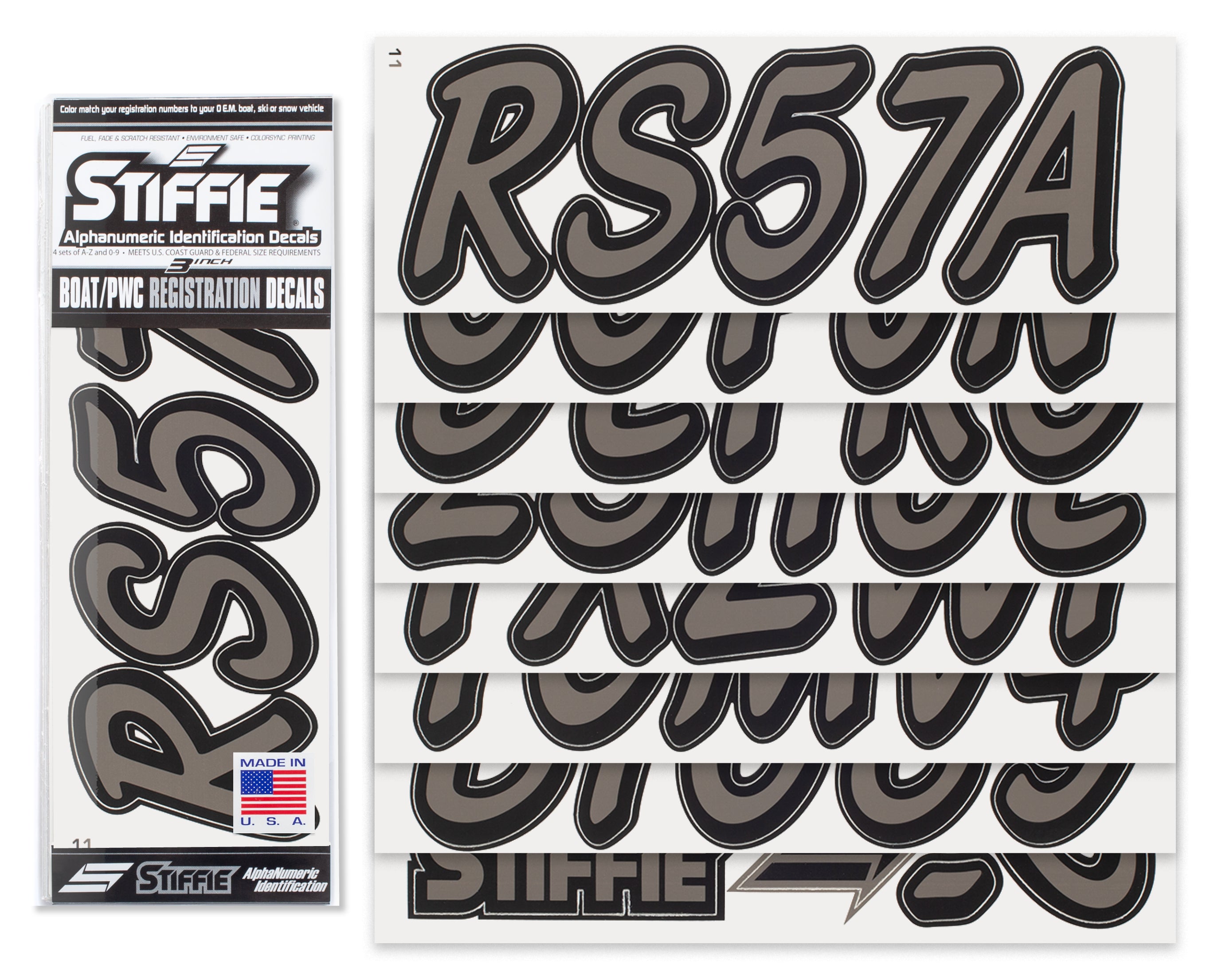 STIFFIE Whipline Solid Charcoal/Black 3" Alpha-Numeric Registration Identification Numbers Stickers Decals for Boats & Personal Watercraft