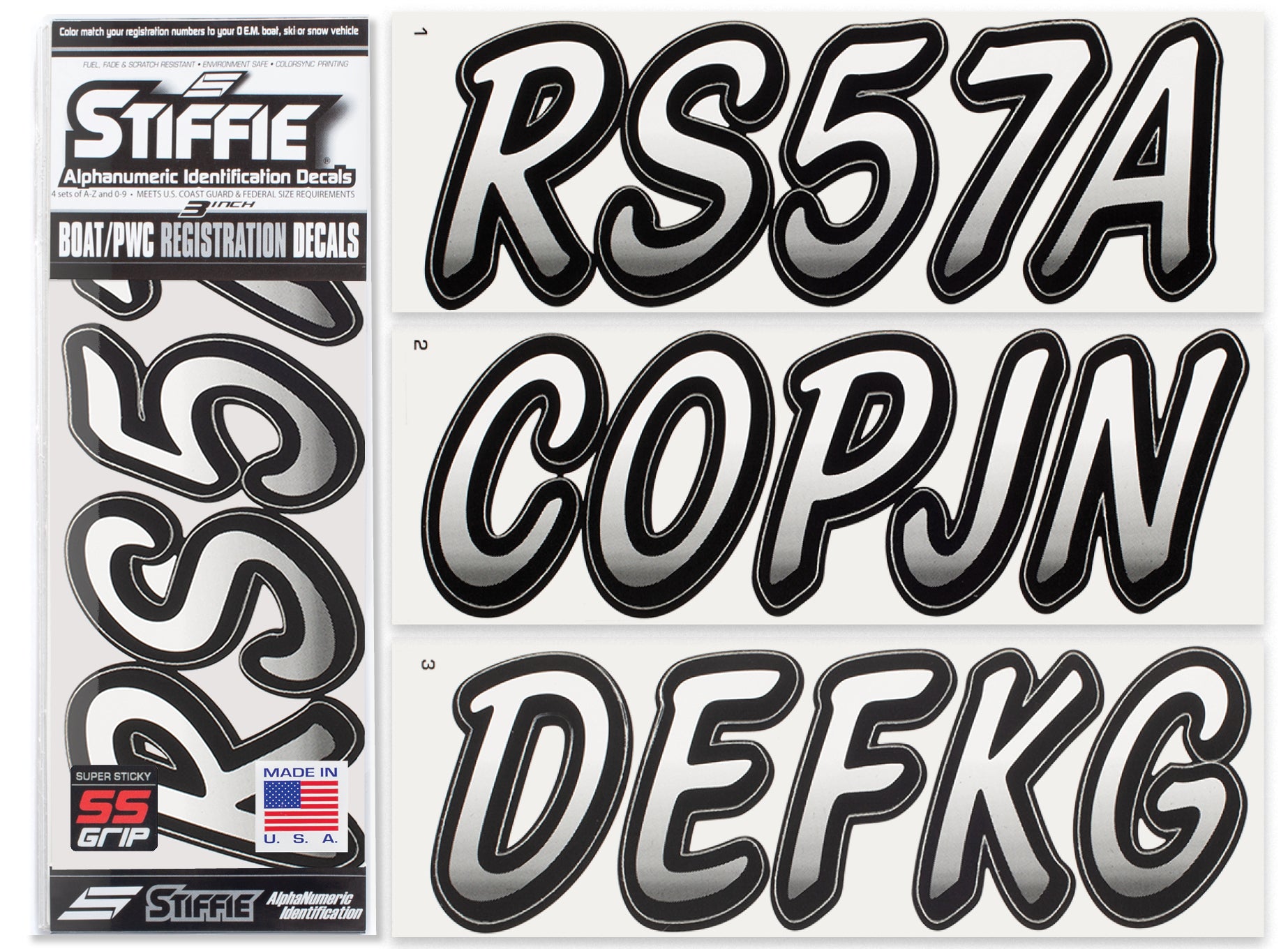 STIFFIE Whipline White/Black 3" Super Sticky Boat & PWC Registration Decals • Numbers Letters Stickers