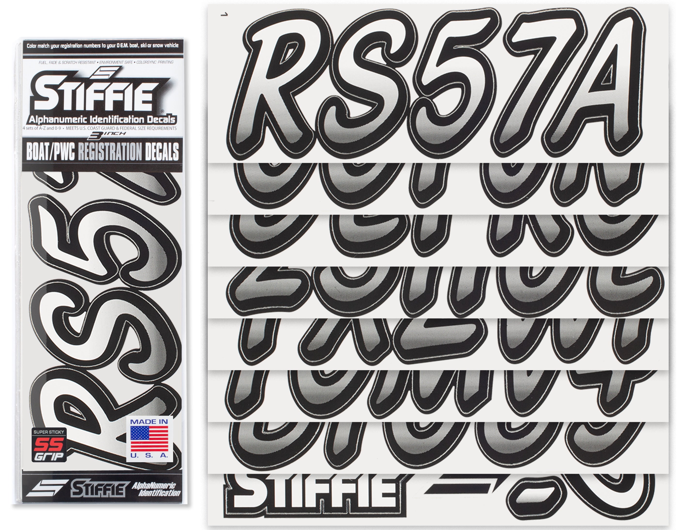 STIFFIE Whipline White/Black 3" Super Sticky Boat & PWC Registration Decals • Numbers Letters Stickers