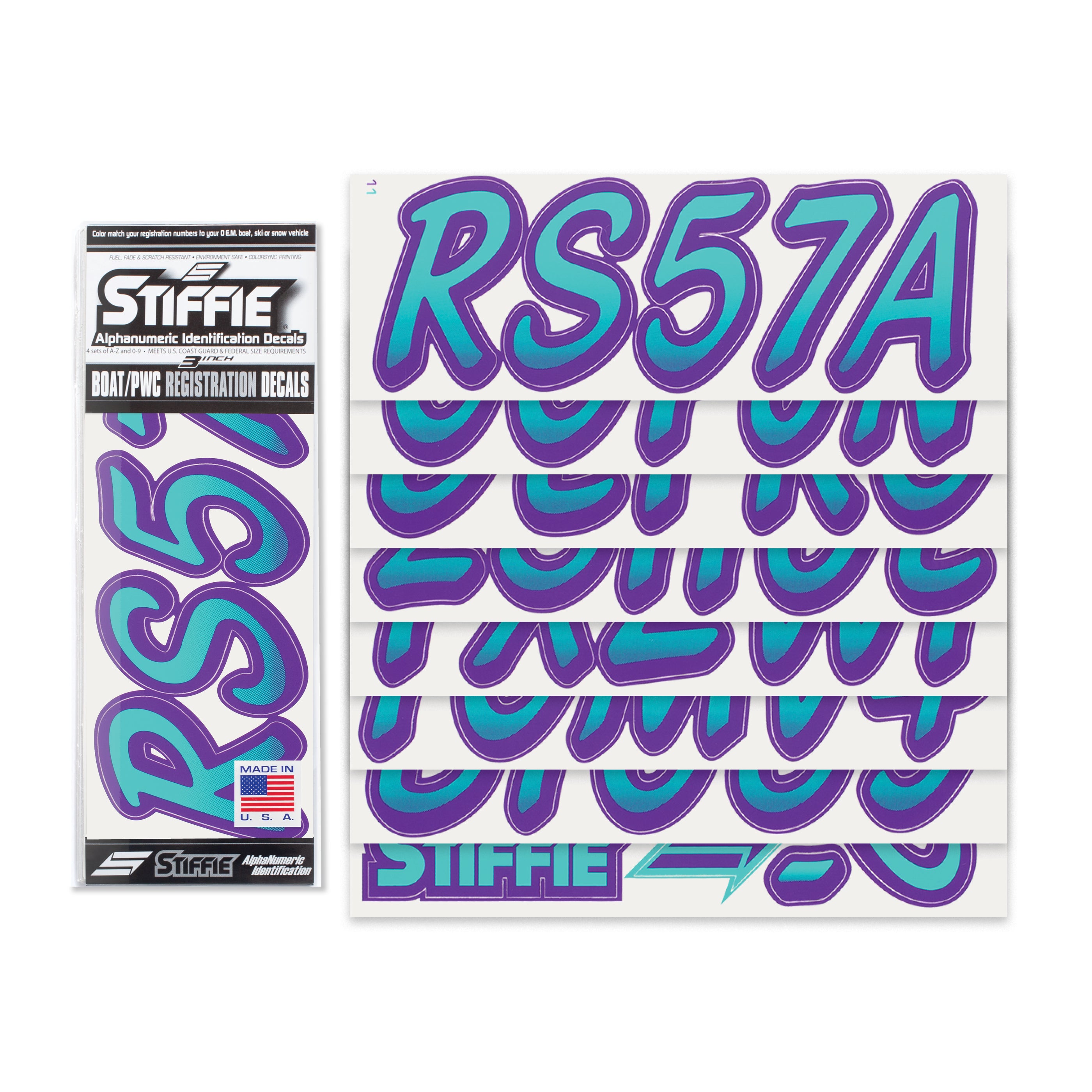 STIFFIE Whipline SeaTeal/Purple 3" Boat & PWC Registration Decals • Numbers Letters Stickers