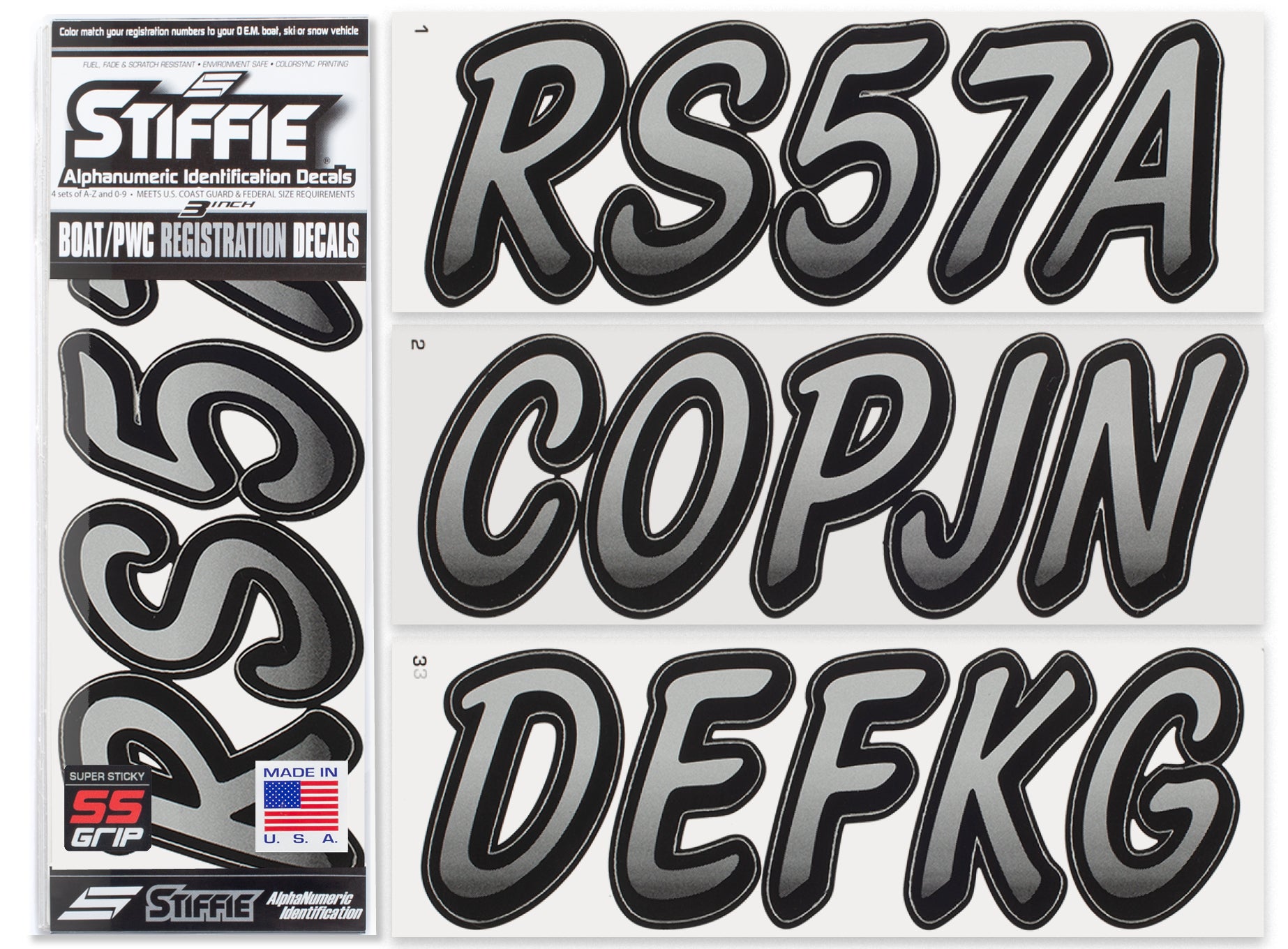 Stiffie Whipline Silver/Black Super Sticky 3" Alpha Numeric Registration Identification Numbers Stickers Decals for Sea-Doo Spark, Inflatable Boats, Ribs, Hypalon/PVC, PWC and Boats.