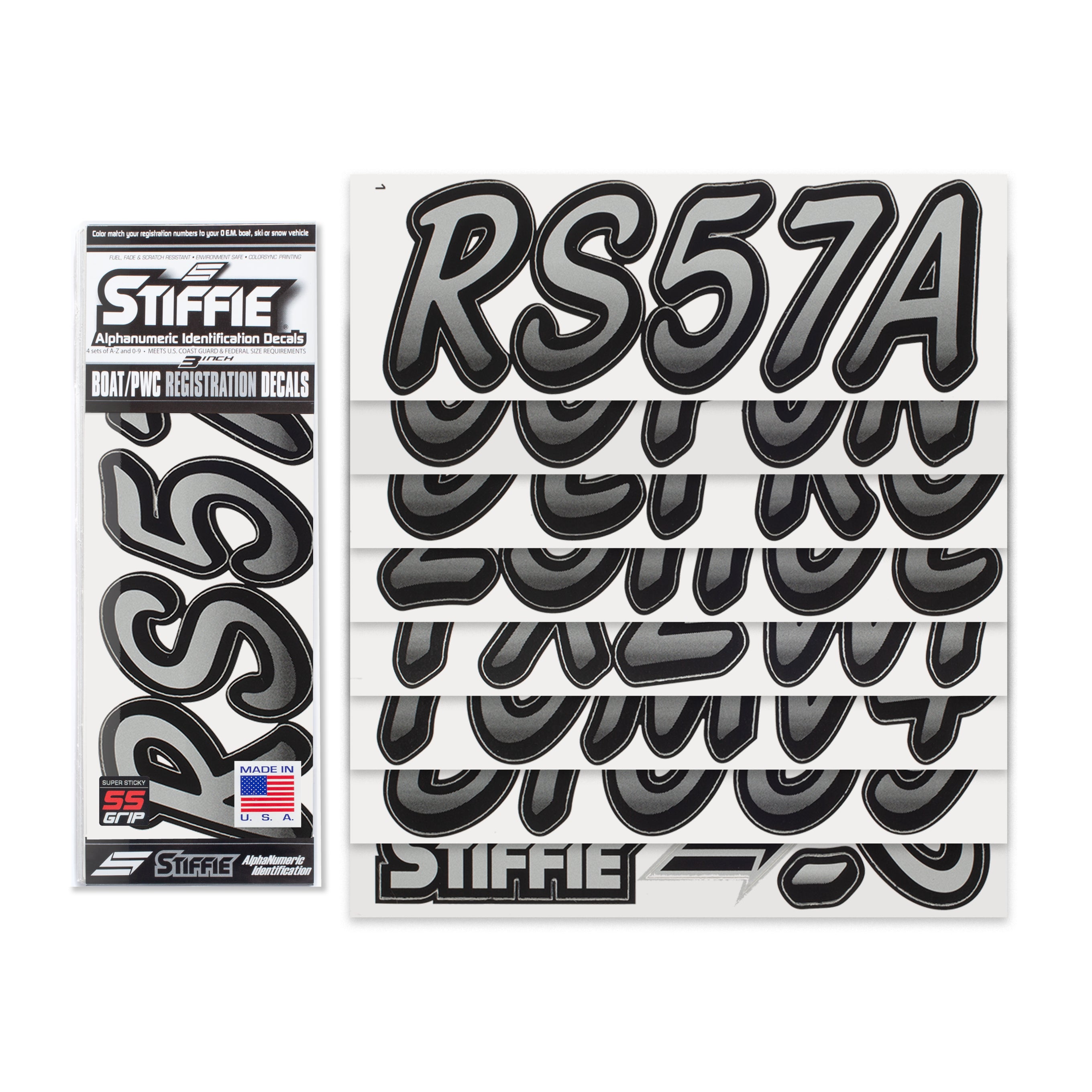 Stiffie Whipline Silver/Black Super Sticky 3" Alpha Numeric Registration Identification Numbers Stickers Decals for Sea-Doo Spark, Inflatable Boats, Ribs, Hypalon/PVC, PWC and Boats.