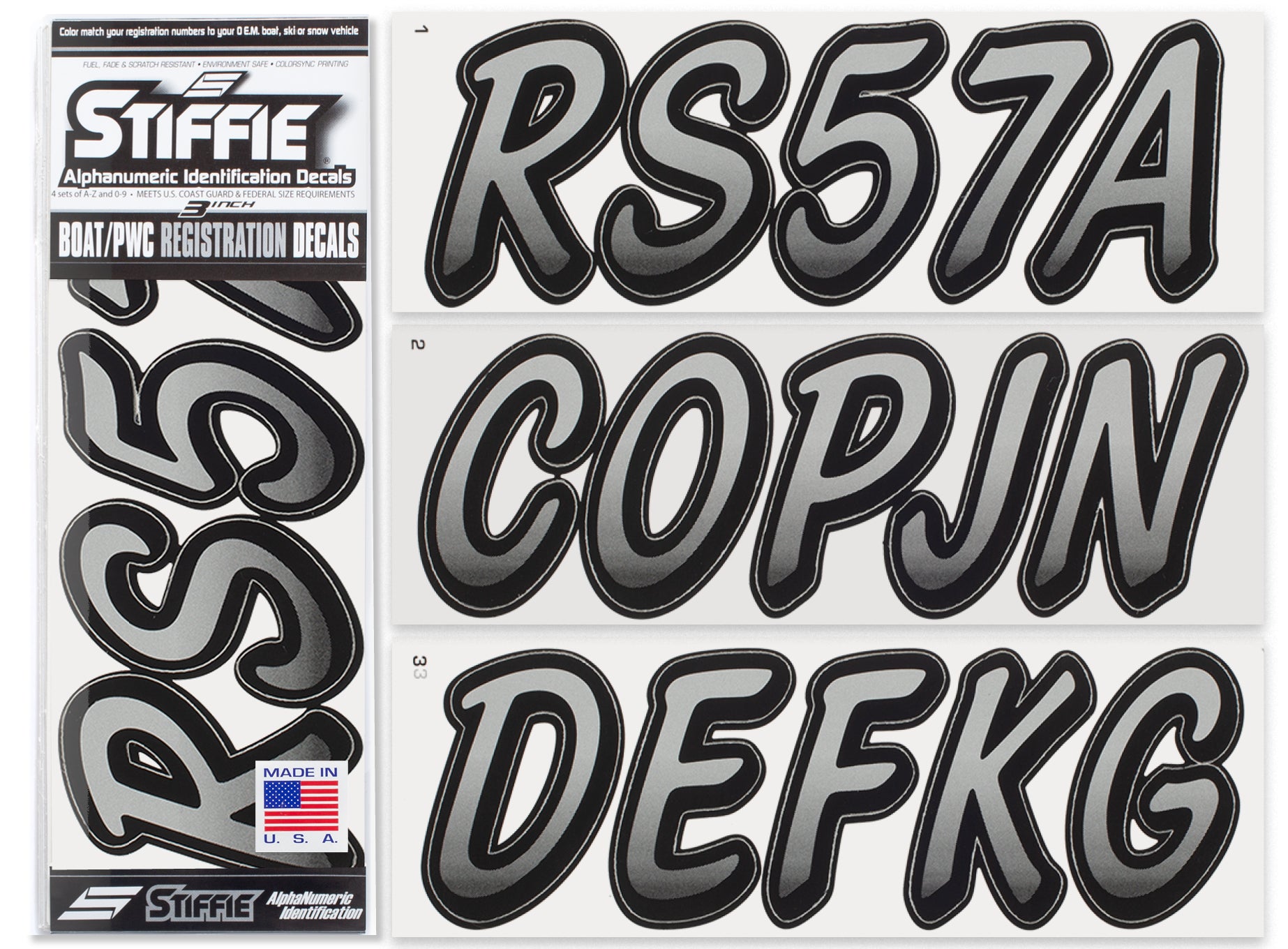 STIFFIE Whipline Silver/Black 3" Boat & PWC Registration Decals • Numbers Letters Stickers