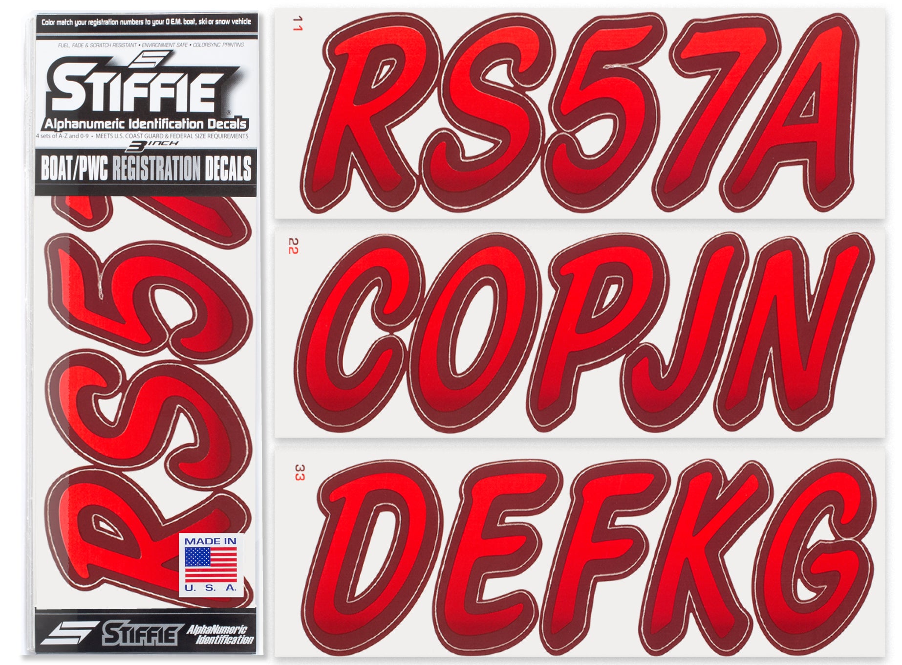 STIFFIE Whipline Red/Burgundy 3" Alpha-Numeric Registration Identification Numbers Stickers Decals for Boats & Personal Watercraft