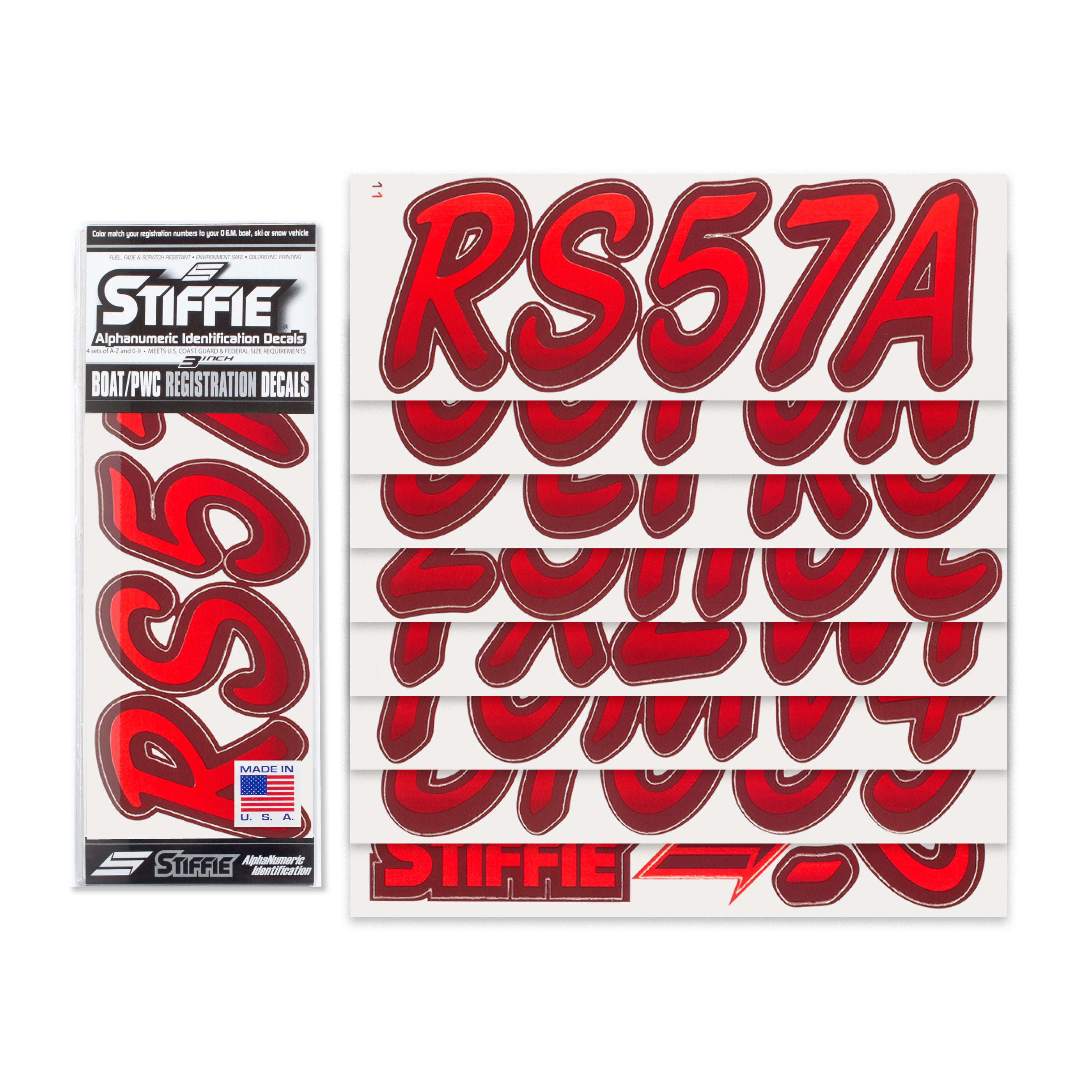 STIFFIE Whipline Red/Burgundy 3" Alpha-Numeric Registration Identification Numbers Stickers Decals for Boats & Personal Watercraft