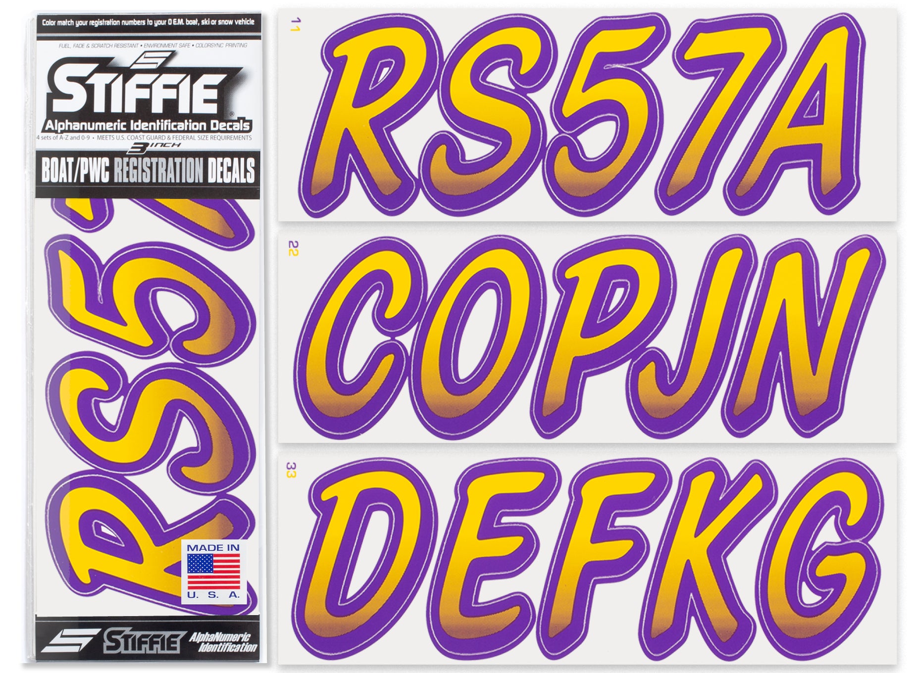 STIFFIE Whipline Yellow/Purple 3" Alpha-Numeric Registration Identification Numbers Stickers Decals for Boats & Personal Watercraft