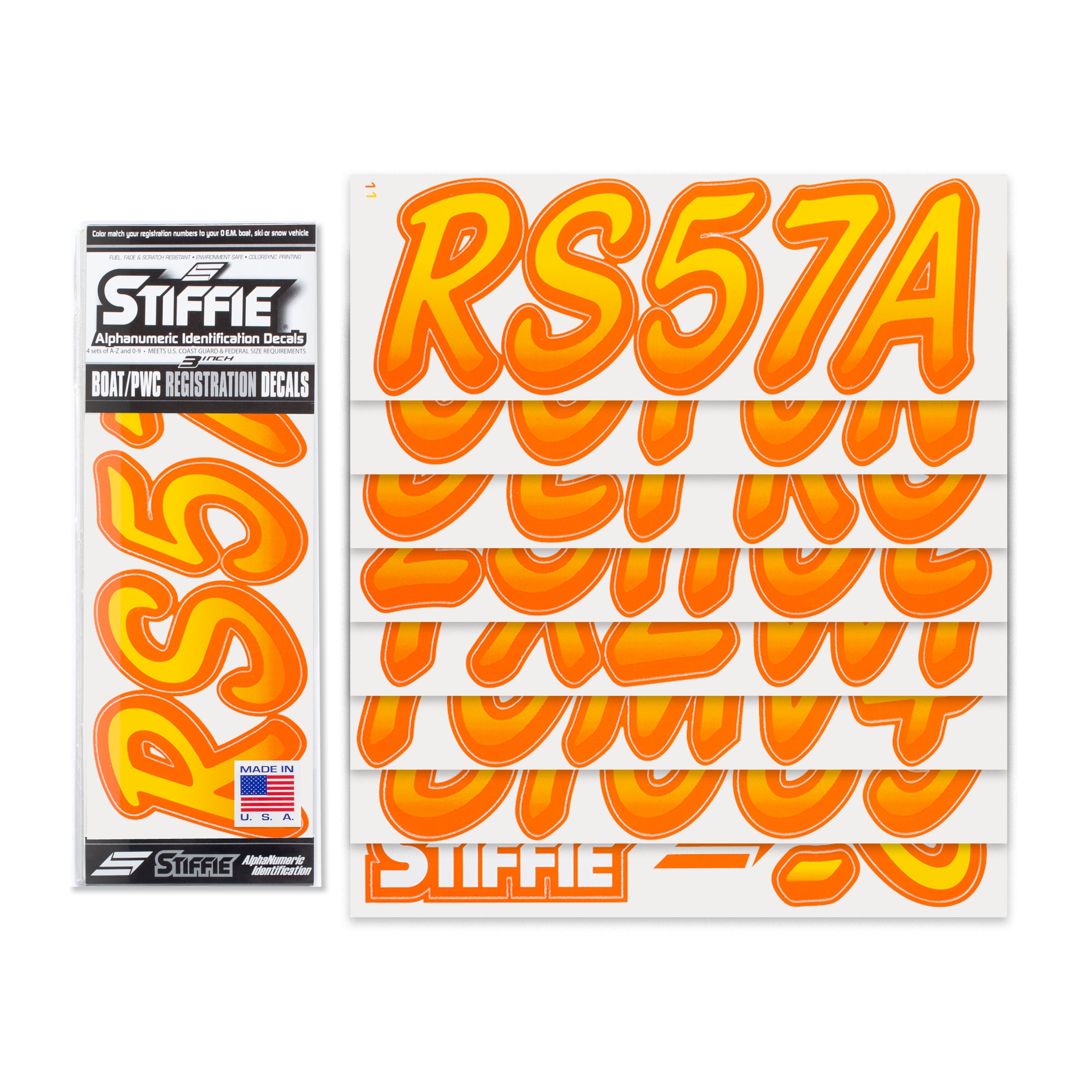 Stiffie Whipline Yellow/Orange 3" Alpha-Numeric Registration Identification Numbers Stickers Decals for Boats & Personal Watercraft