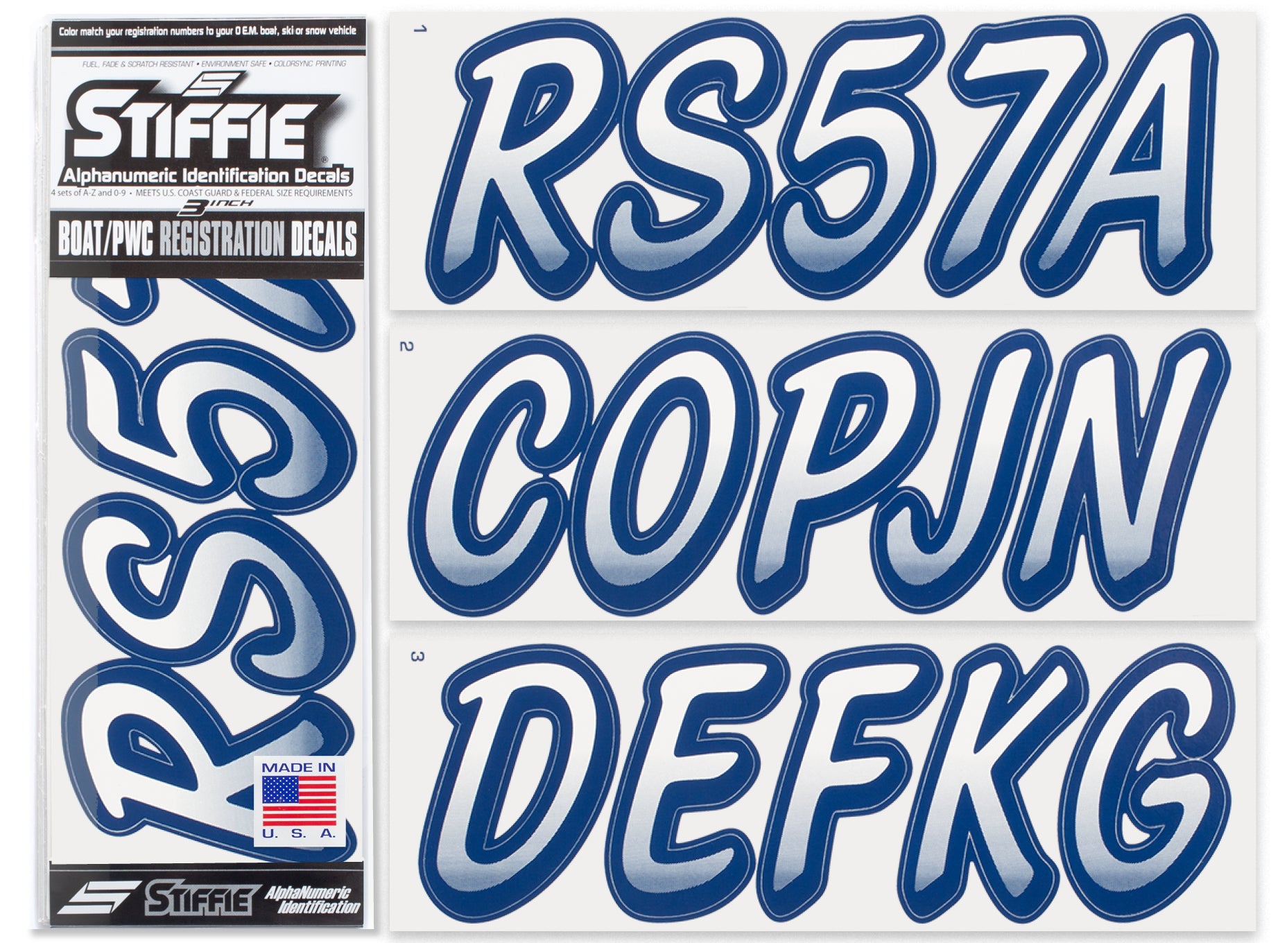 STIFFIE Whipline White/Navy 3" Alpha-Numeric Registration Identification Numbers Stickers Decals for Boats & Personal Watercraft
