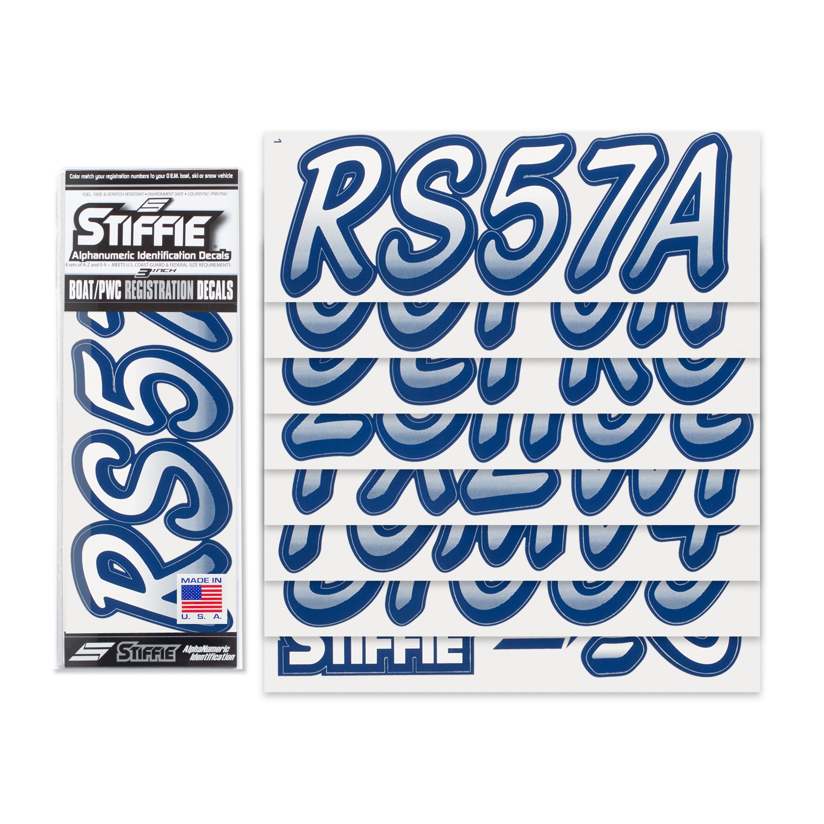 STIFFIE Whipline White/Navy 3" Alpha-Numeric Registration Identification Numbers Stickers Decals for Boats & Personal Watercraft