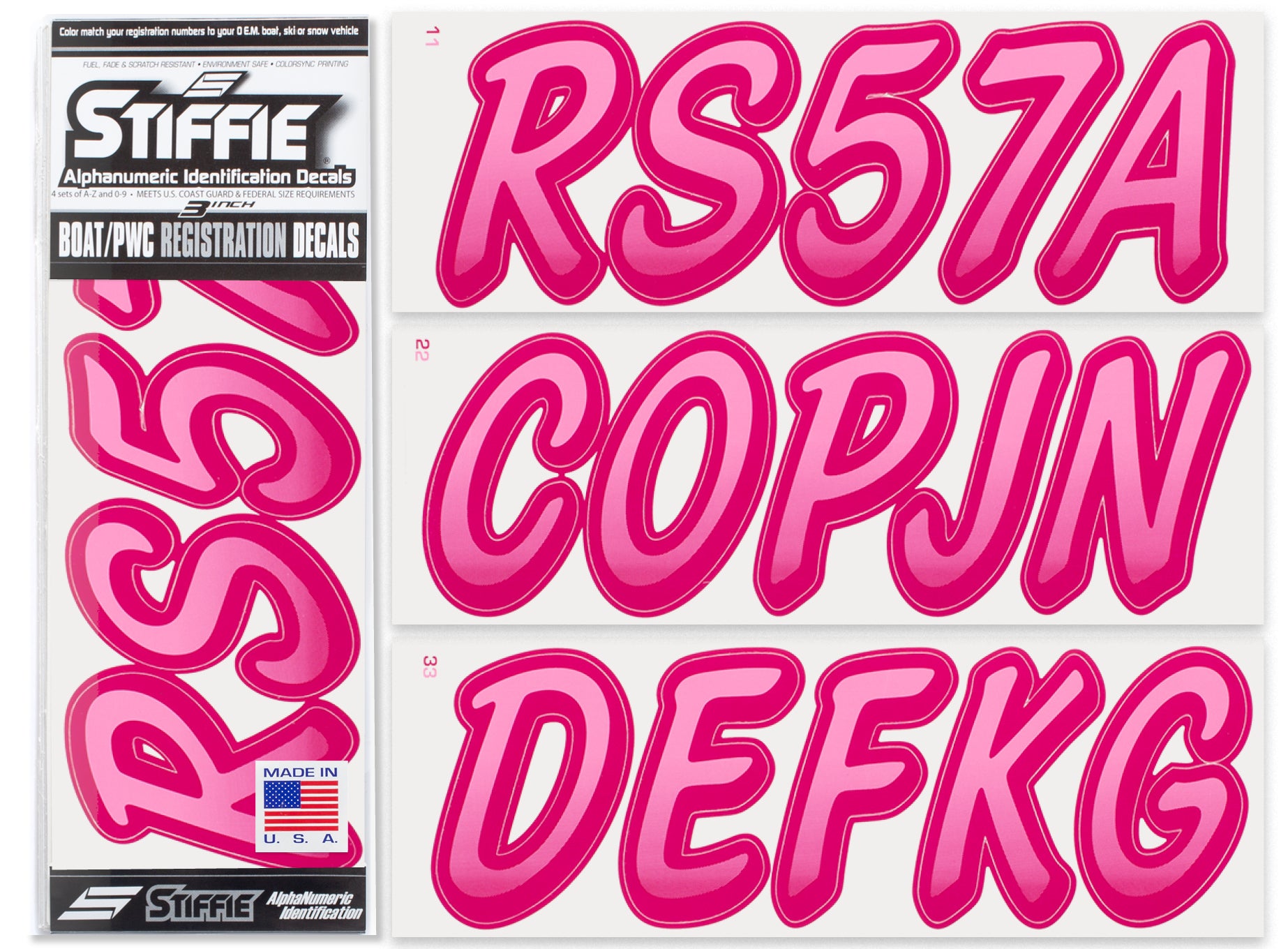STIFFIE Whipline Pink/Berry 3" Alpha-Numeric Registration Identification Numbers Stickers Decals for Boats & Personal Watercraft