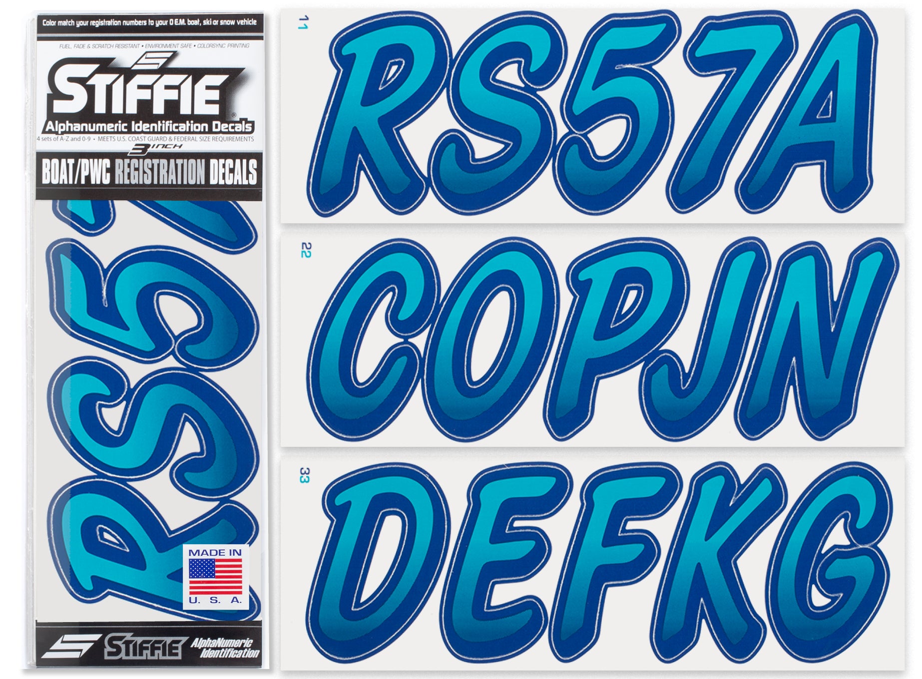 STIFFIE Whipline Aqua/Navy 3" Alpha-Numeric Registration Identification Numbers Stickers Decals for Boats & Personal Watercraft