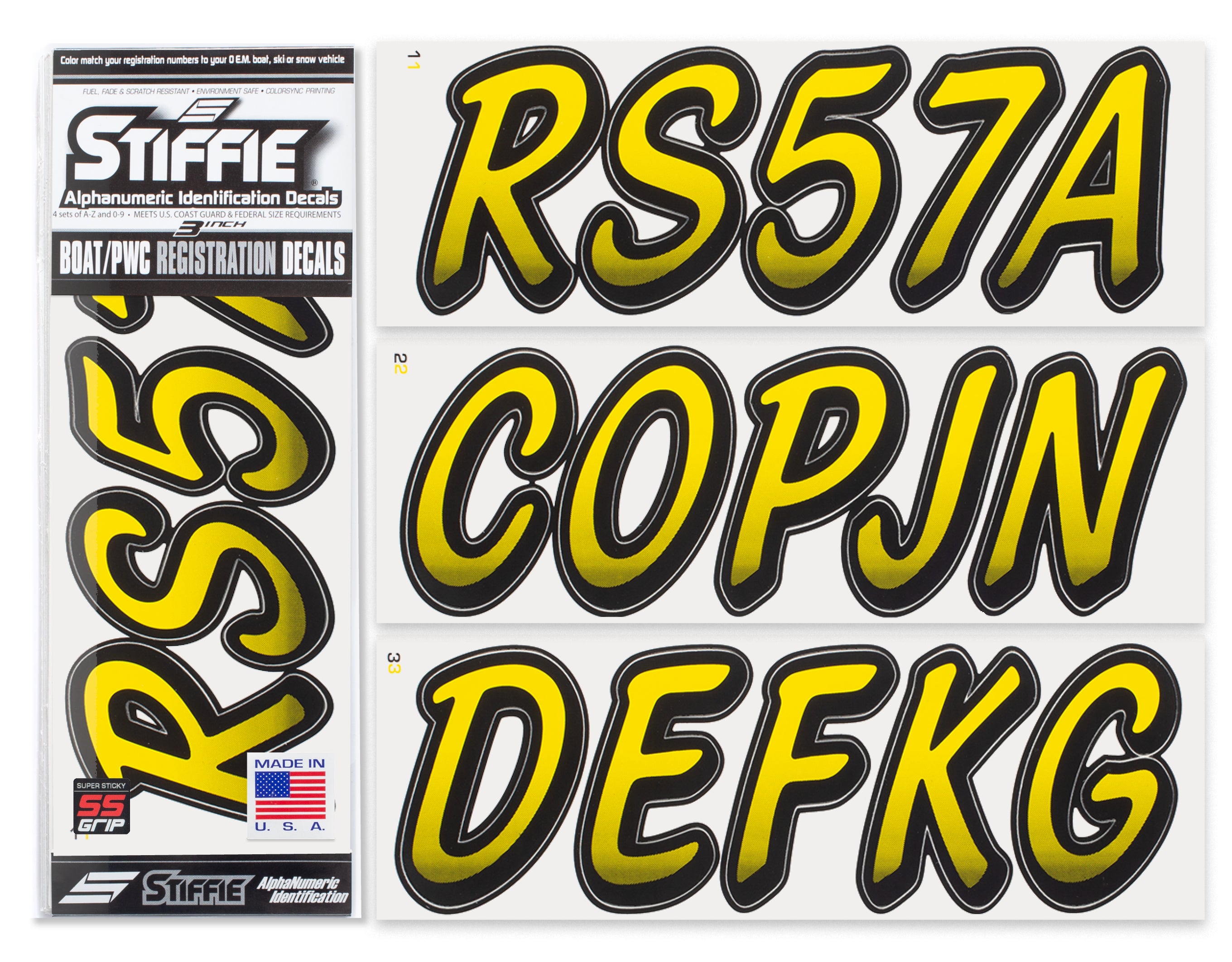 Stiffie Whipline Yellow Crush/Black Super Sticky 3" Alpha Numeric Registration Identification Numbers Stickers Decals for Sea-Doo Spark, Inflatable Boats, Ribs, Hypalon/PVC, PWC and Boats.