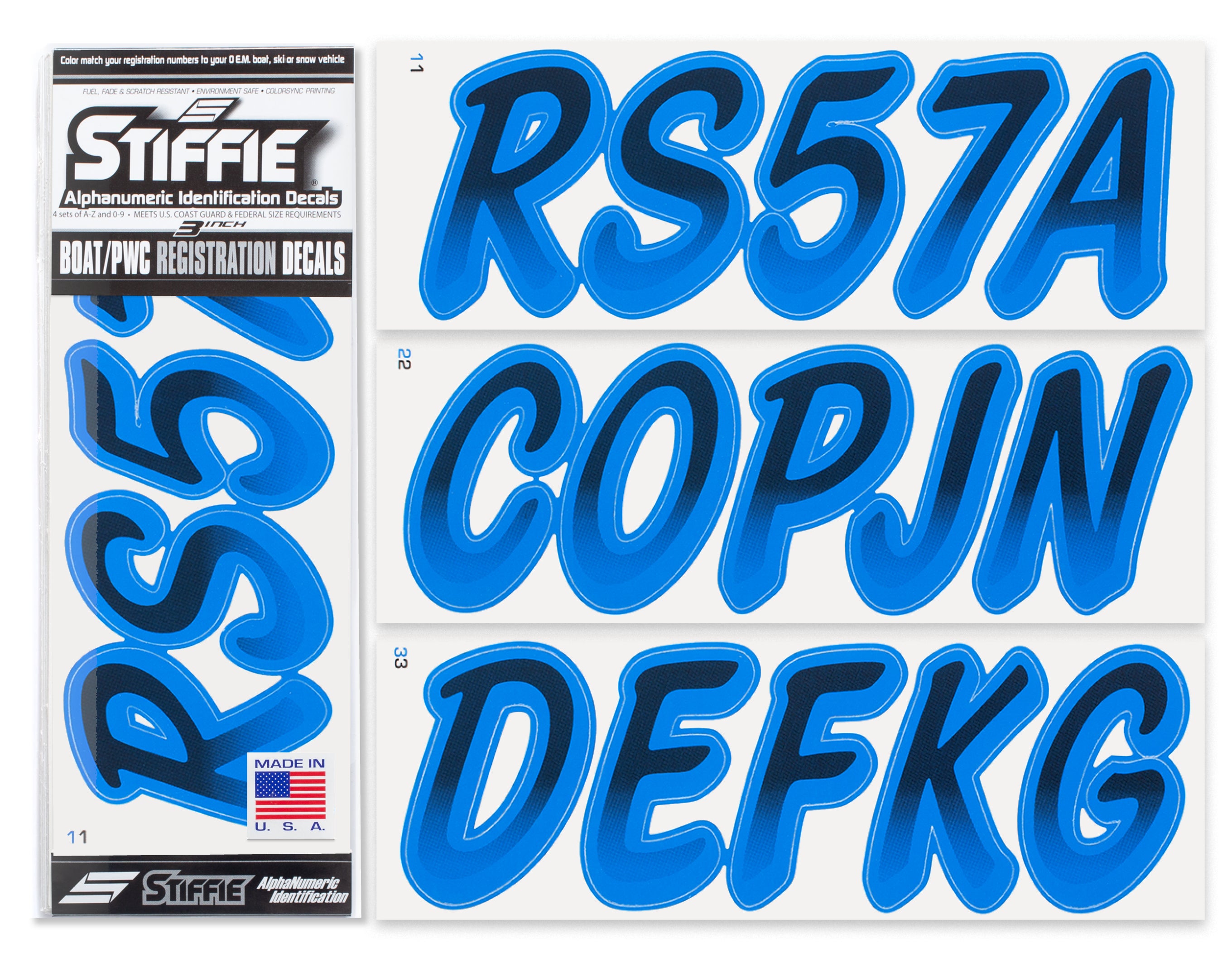 STIFFIE Whipline Black/Octane Blue 3" Boat & PWC Registration Decals • Numbers Letters Stickers