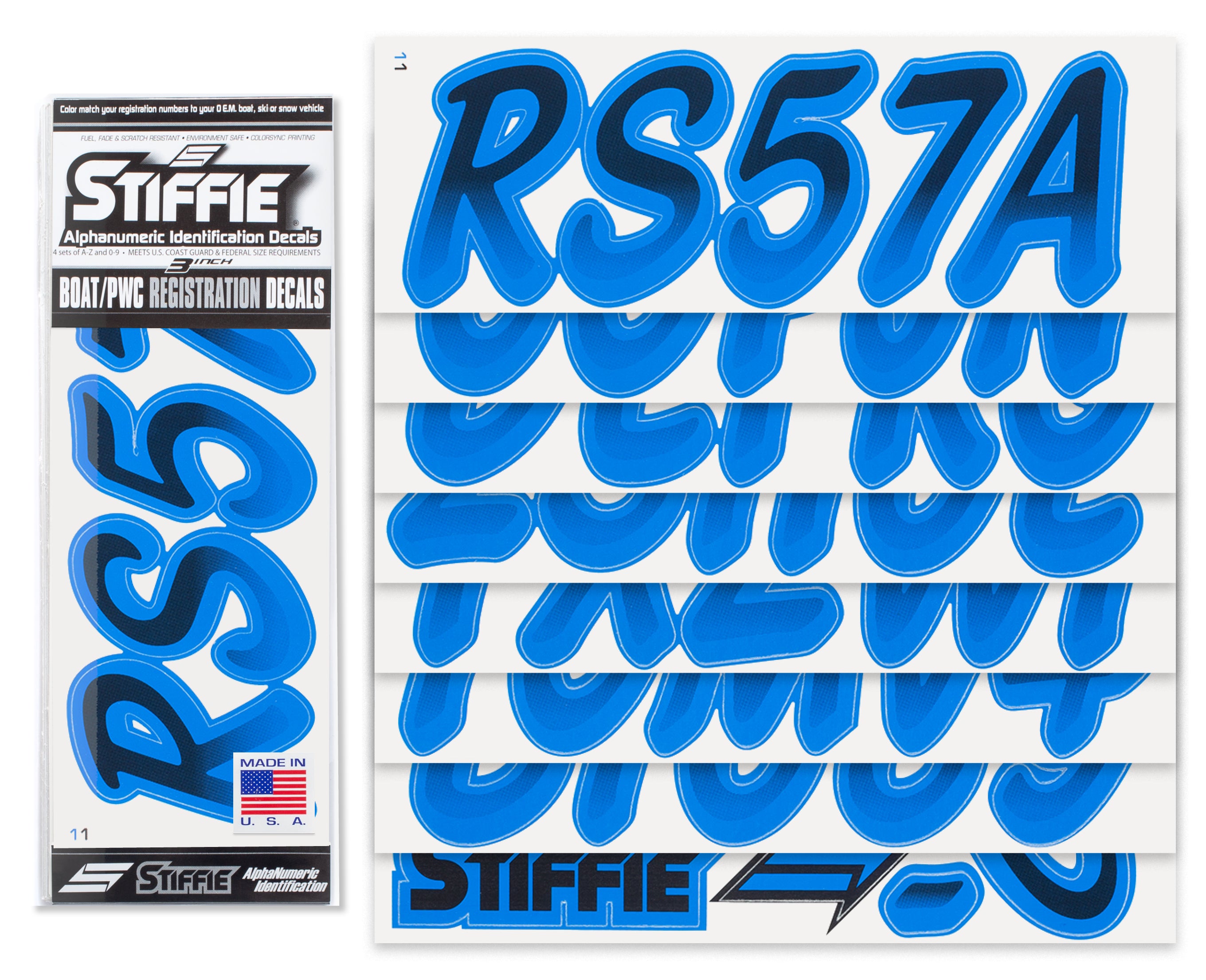 STIFFIE Whipline Black/Octane Blue 3" Boat & PWC Registration Decals • Numbers Letters Stickers