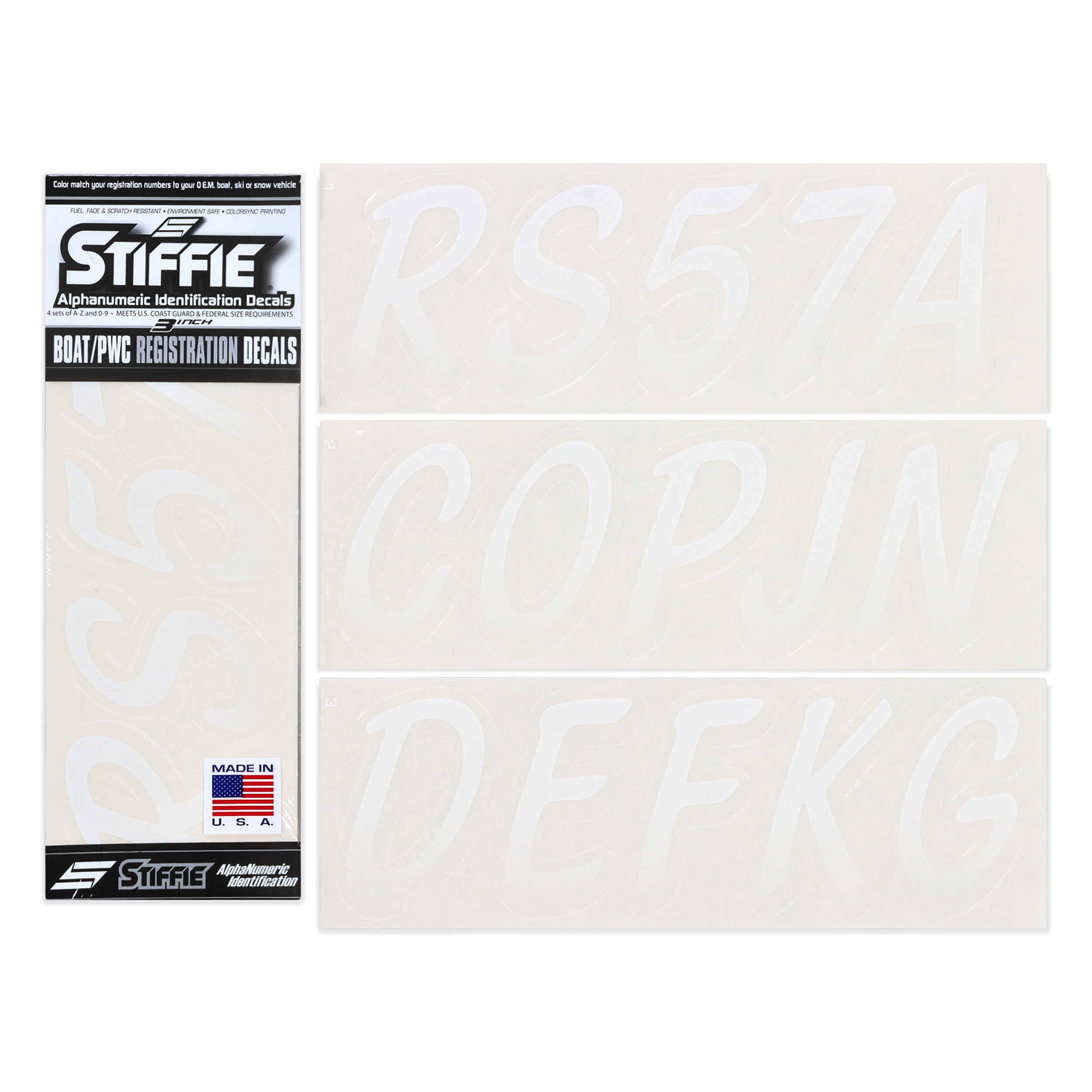 Stiffie Whipline White/Transparent Clear 3" Alpha-Numeric Registration Identification Numbers Stickers Decals for Boats & Personal Watercraft