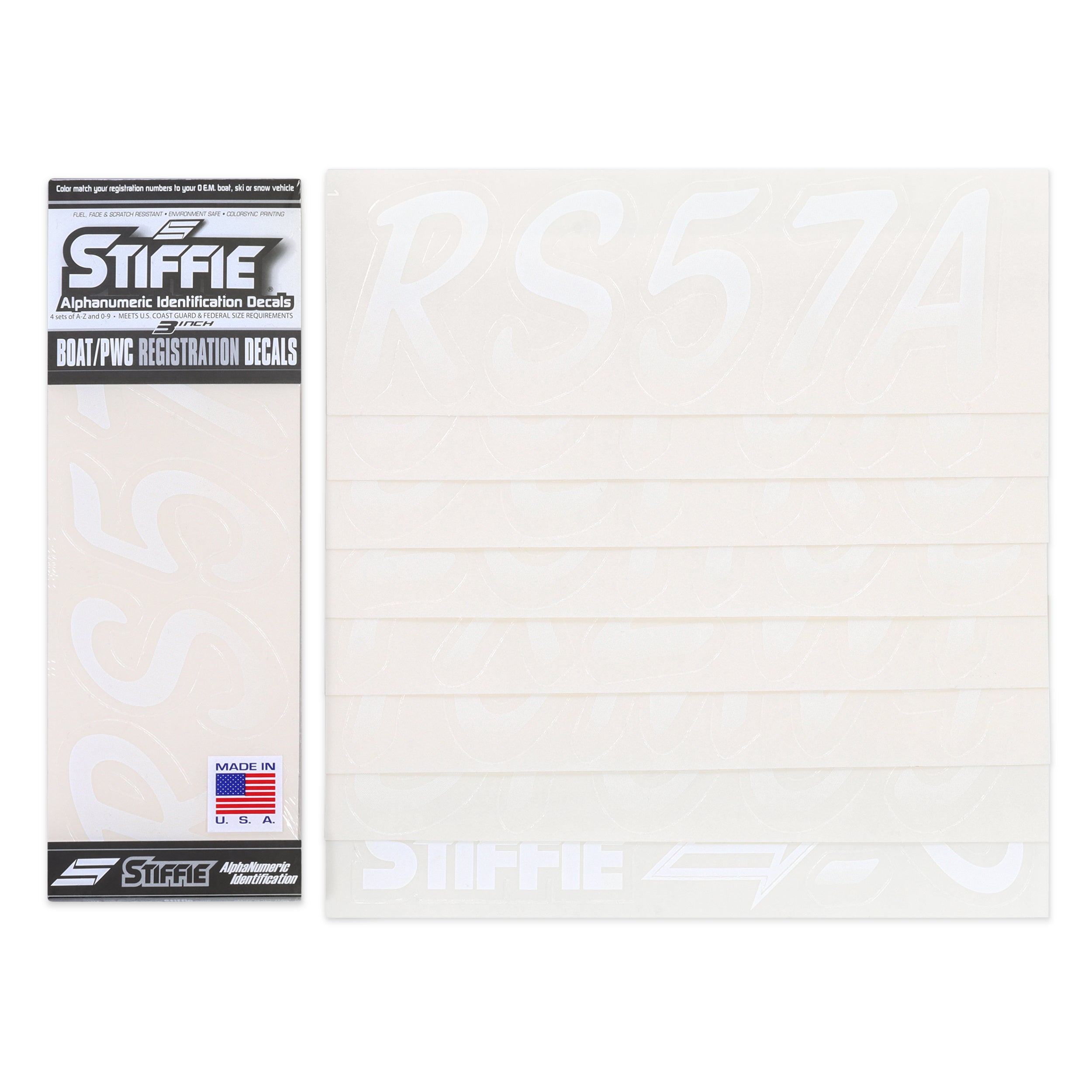 Stiffie Whipline White/Transparent Clear 3" Alpha-Numeric Registration Identification Numbers Stickers Decals for Boats & Personal Watercraft