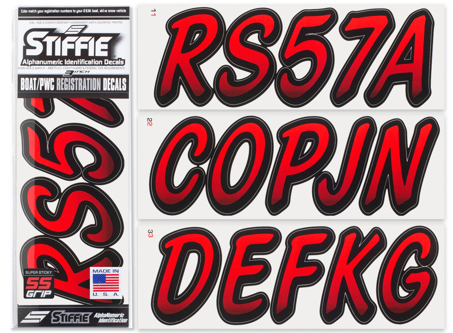 STIFFIE Whipline Red/Black 3" Super Sticky Boat & PWC Registration Decals • Numbers Letters Stickers
