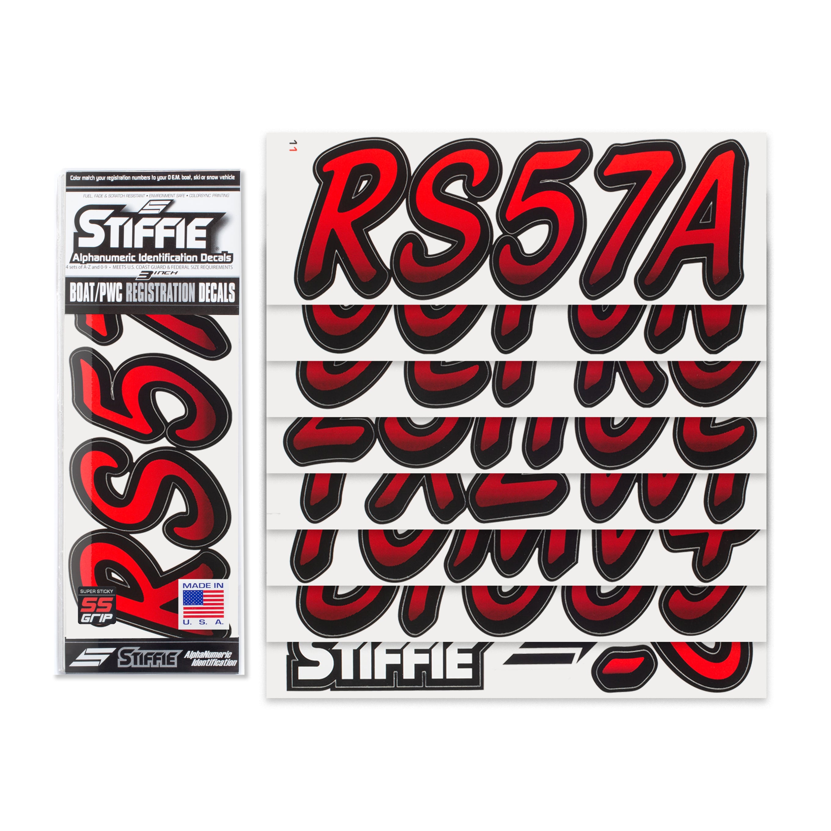 STIFFIE Whipline Red/Black 3" Super Sticky Boat & PWC Registration Decals • Numbers Letters Stickers