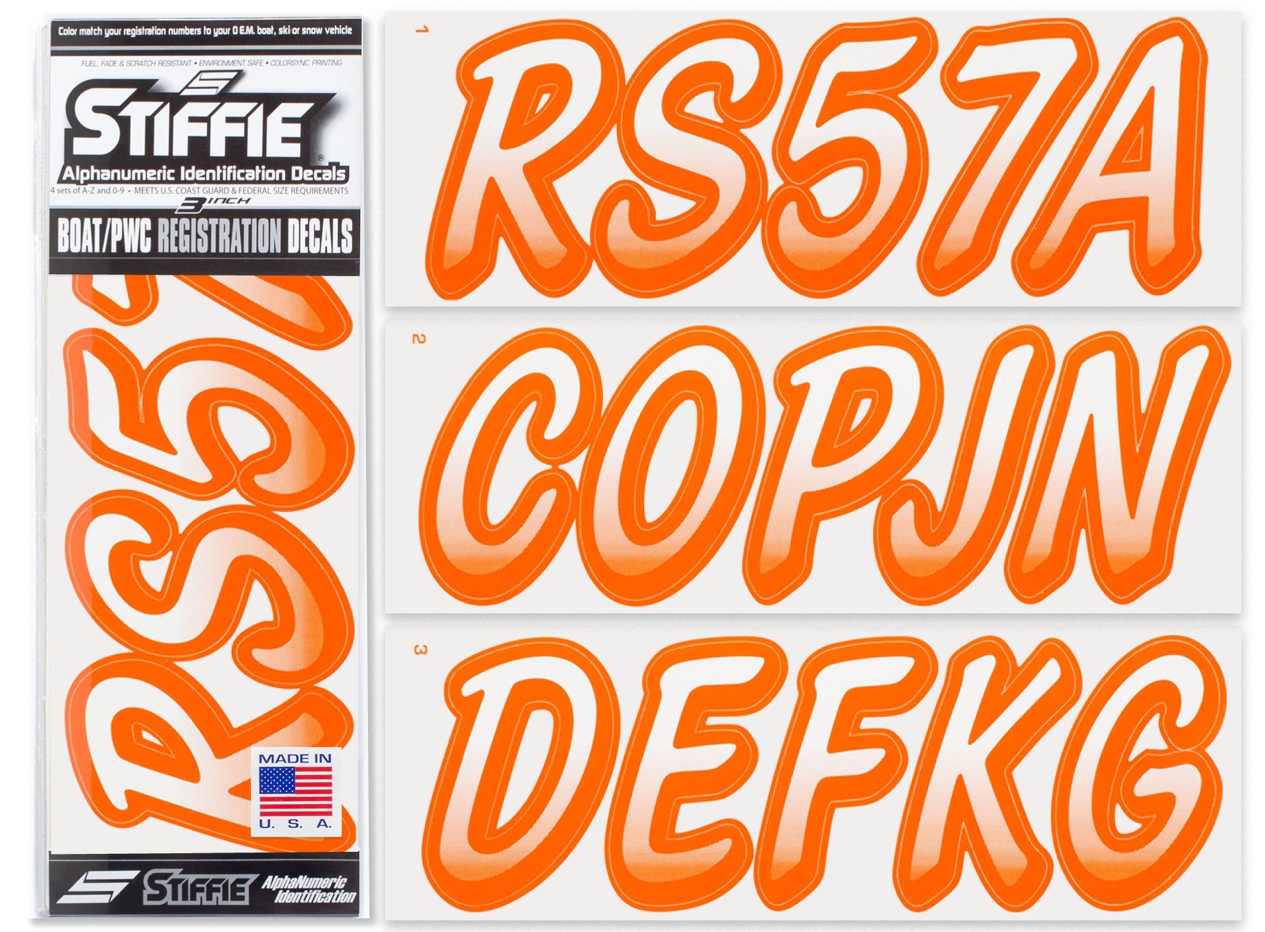 STIFFIE Whipline White/Orange 3" Boat & PWC Registration Decals • Numbers Letters Stickers