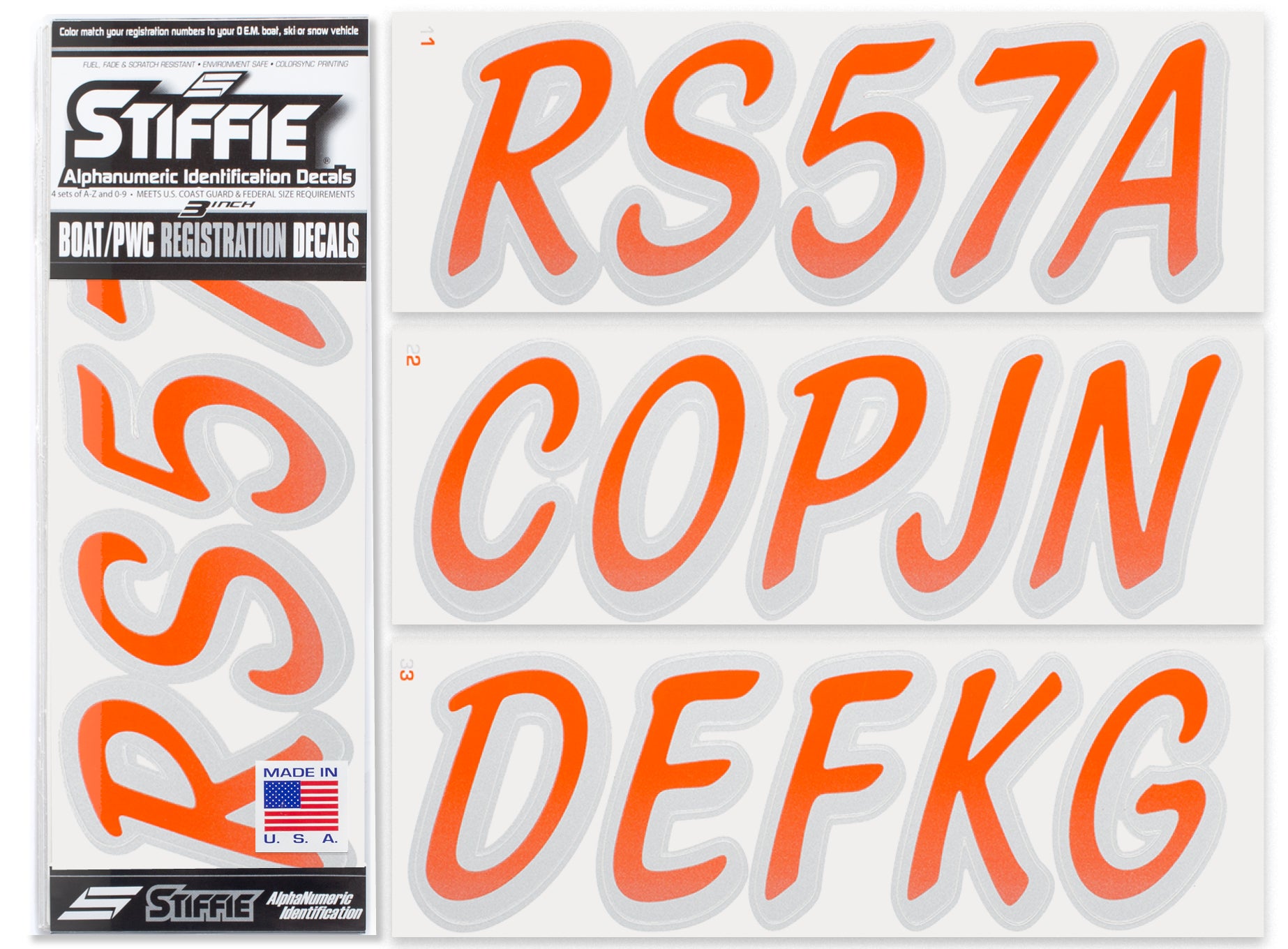 STIFFIE Whipline Orange/Silver 3" Boat & PWC Registration Decals • Numbers Letters Stickers