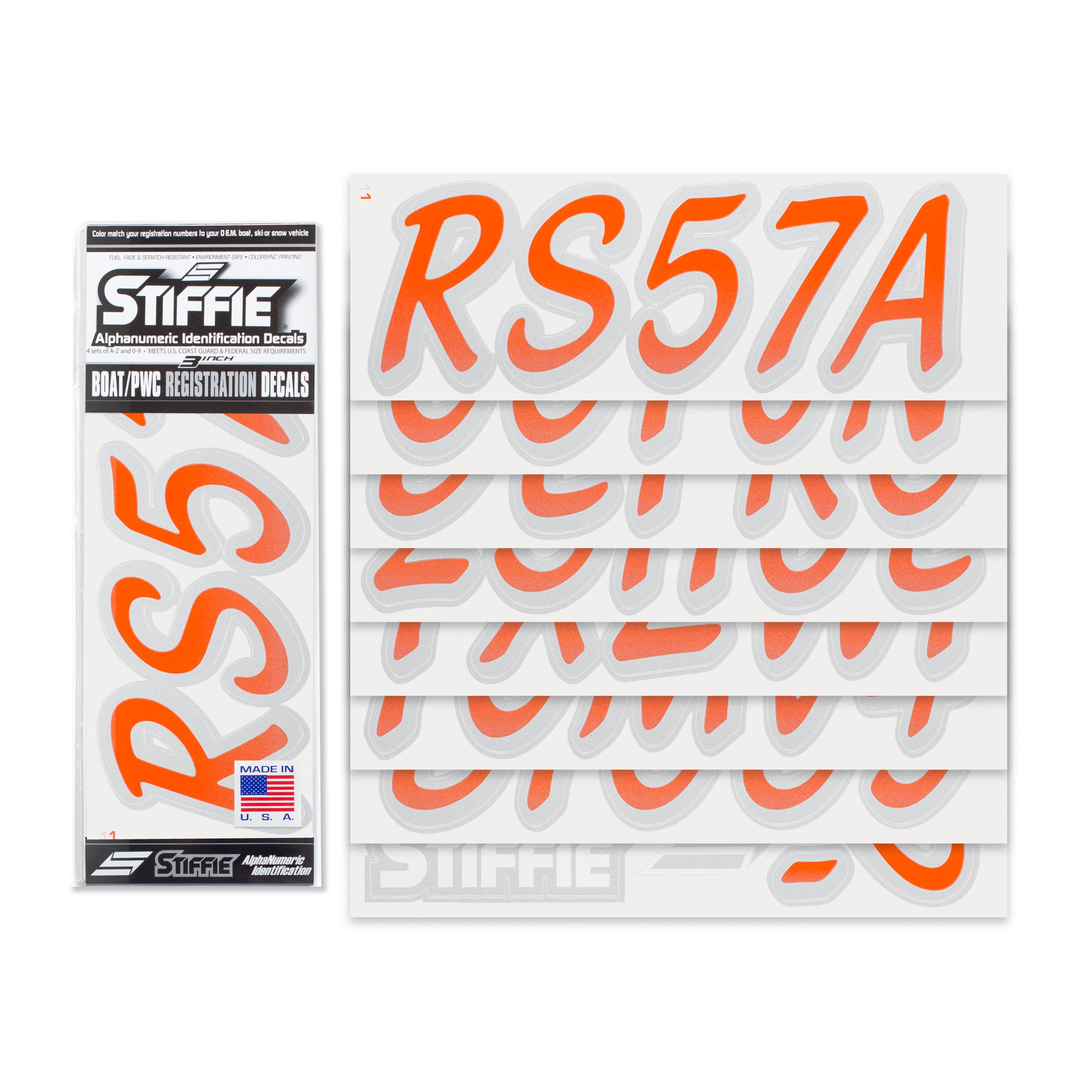 STIFFIE Whipline Orange/Silver 3" Boat & PWC Registration Decals • Numbers Letters Stickers